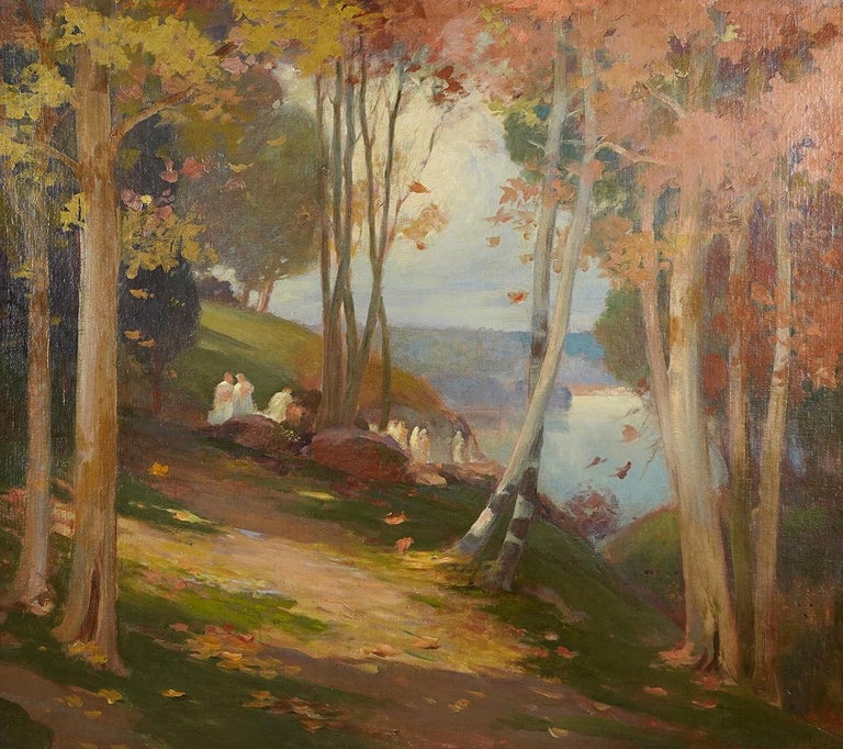 Antique American Impressionist Large Signed Serene Lake Landscape Oil Painting For Sale 1