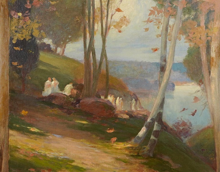 Antique American Impressionist Large Signed Serene Lake Landscape Oil Painting For Sale 2