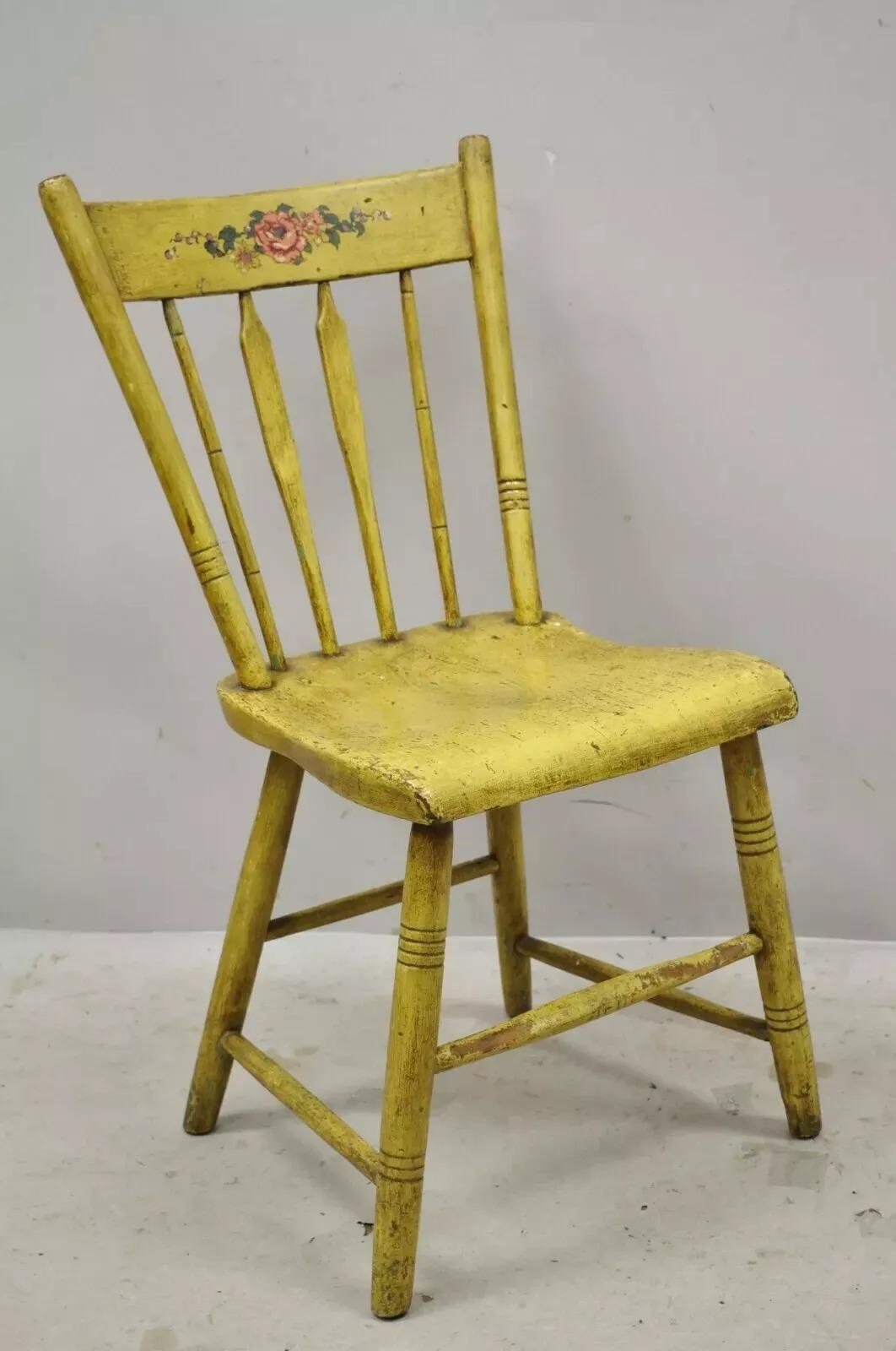 Antique Frederick Loeser & Co Yellow American Primitive Hitchcock Painted Side Chair (A). Circa Late 19th Century. Measurements: 34