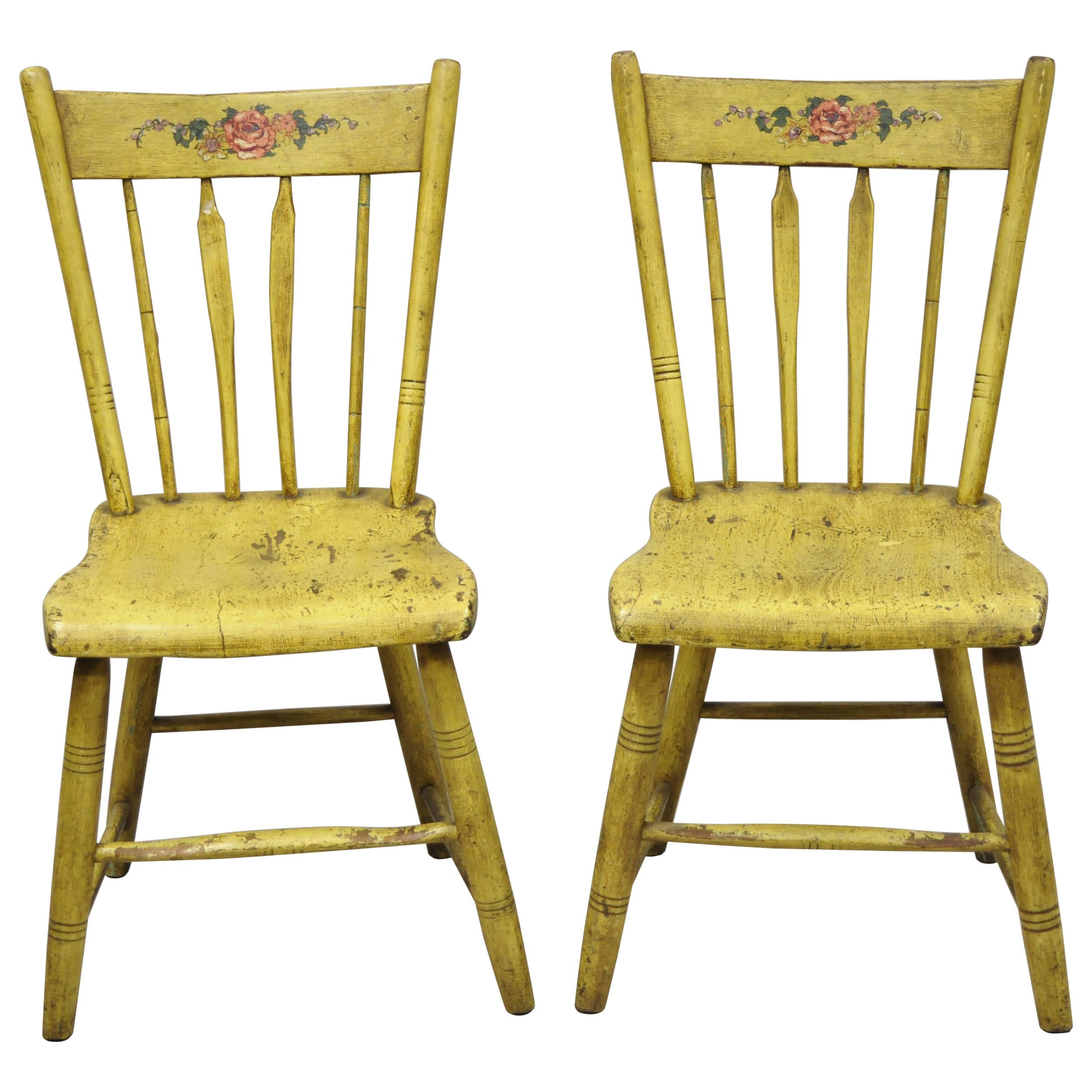 Frederick Loeser & Co Yellow Primitive Hitchcock Style Side Chairs, Pair 'A'