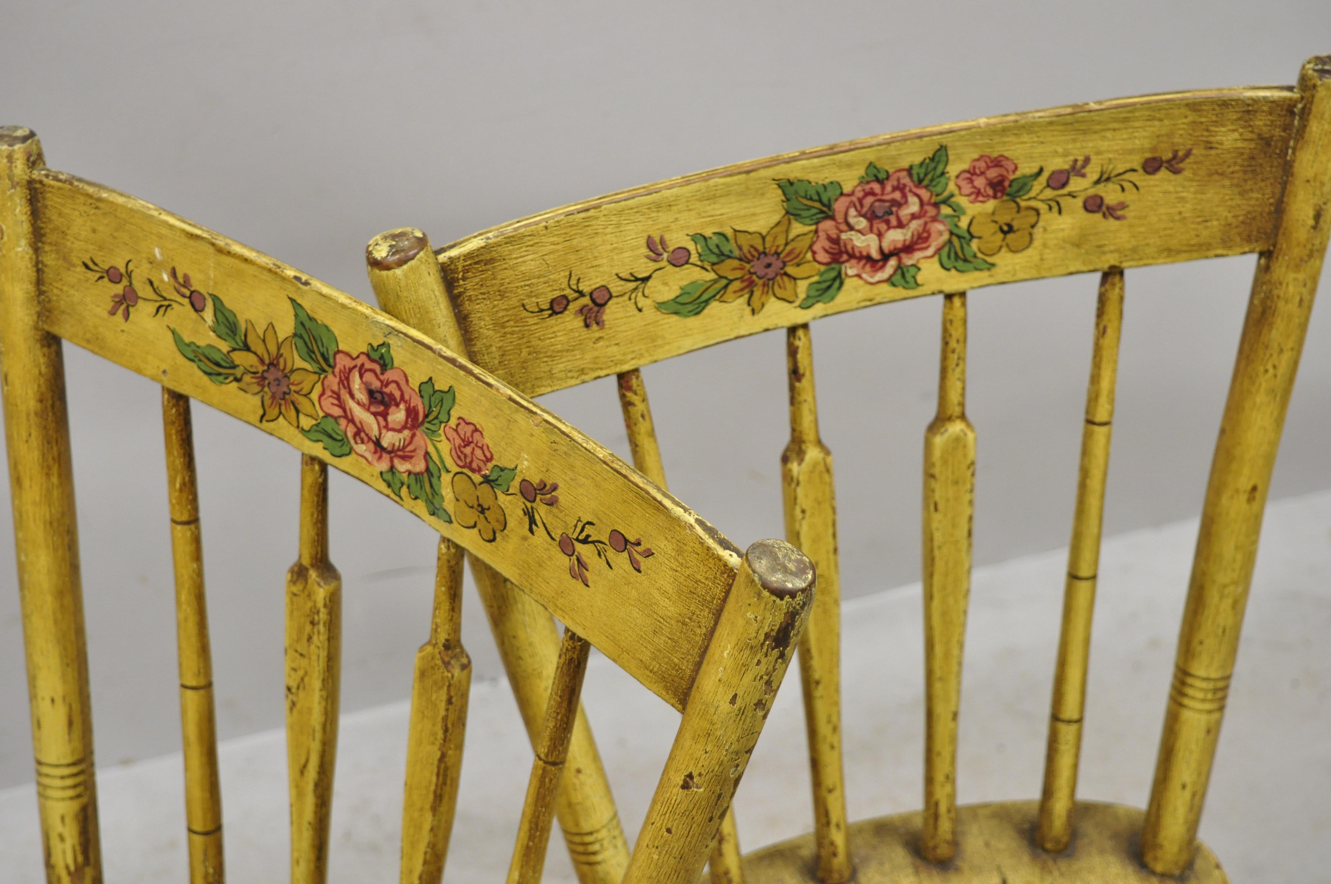 Wood Frederick Loeser & Co Yellow Primitive Hitchcock Style Side Chairs, Pair 'B' For Sale