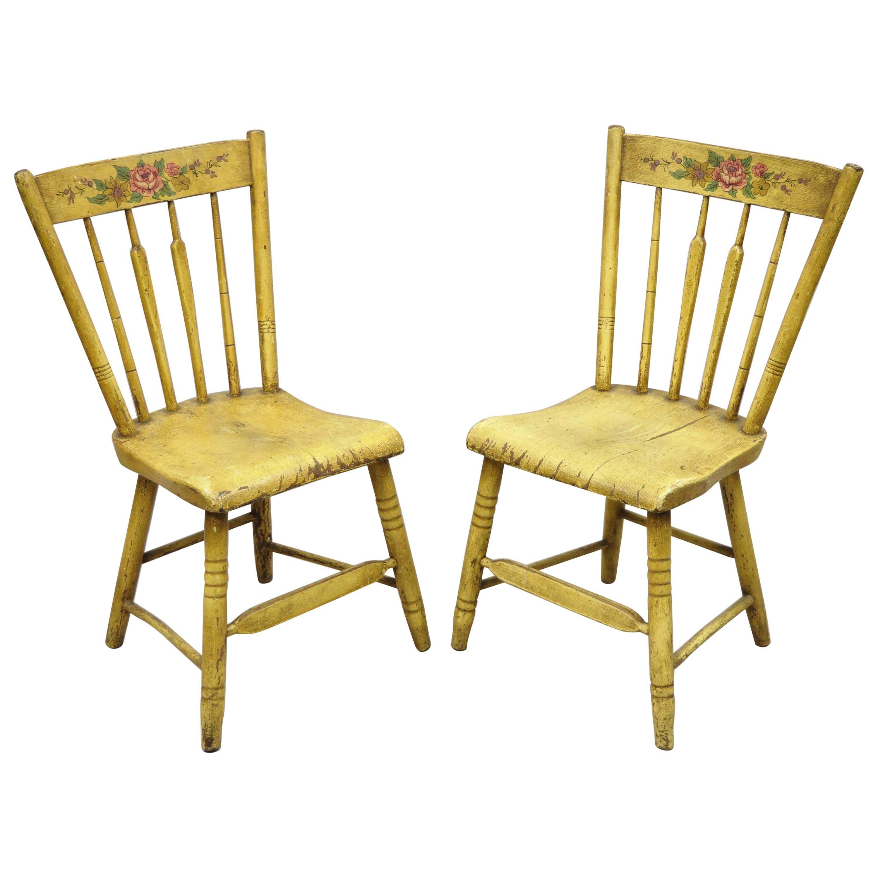 Frederick Loeser & Co Yellow Primitive Hitchcock Style Side Chairs, Pair 'B' For Sale