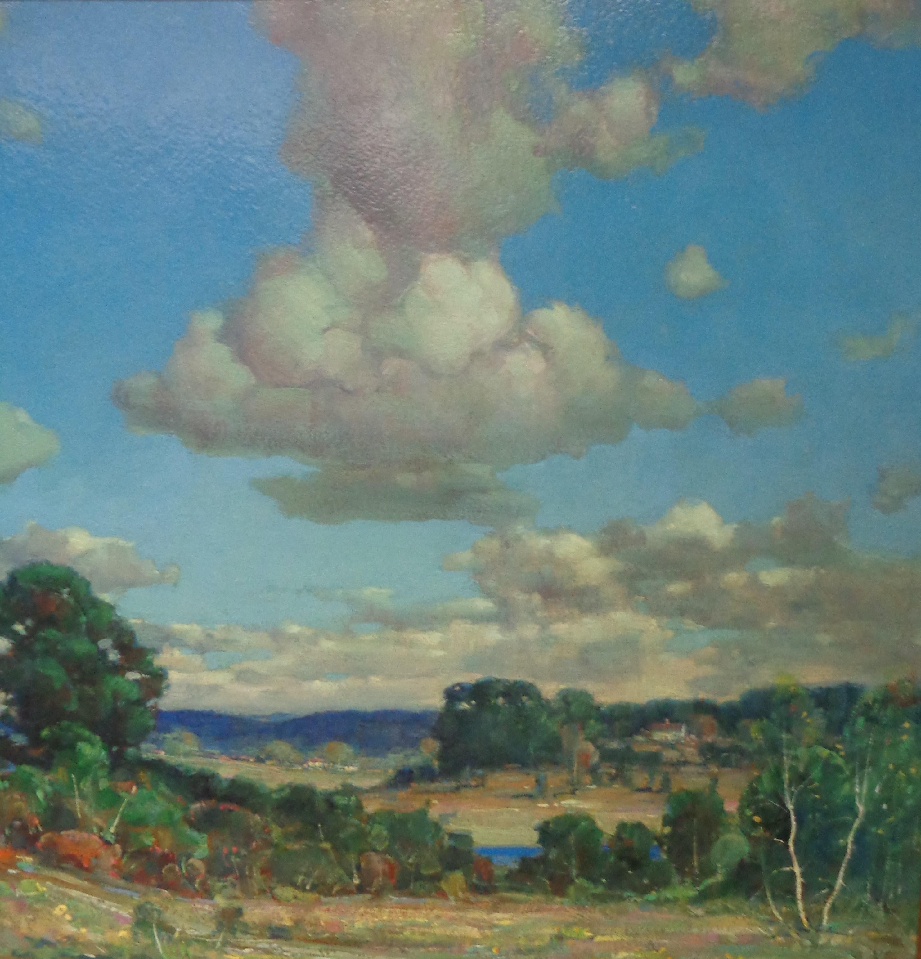 Frederick Mortimer Lamb was an American painter who was born in 1861. The artist died in 1936.

The Painting
A beautiful landscape featuring wonderful clouds in what looks like an original frame, possibly arts and crafts, but slightly warped and
