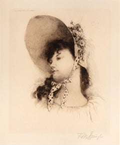 "Young Girl With Hat, " Victorian Portrait Etching signed Frederick M. Spiegle