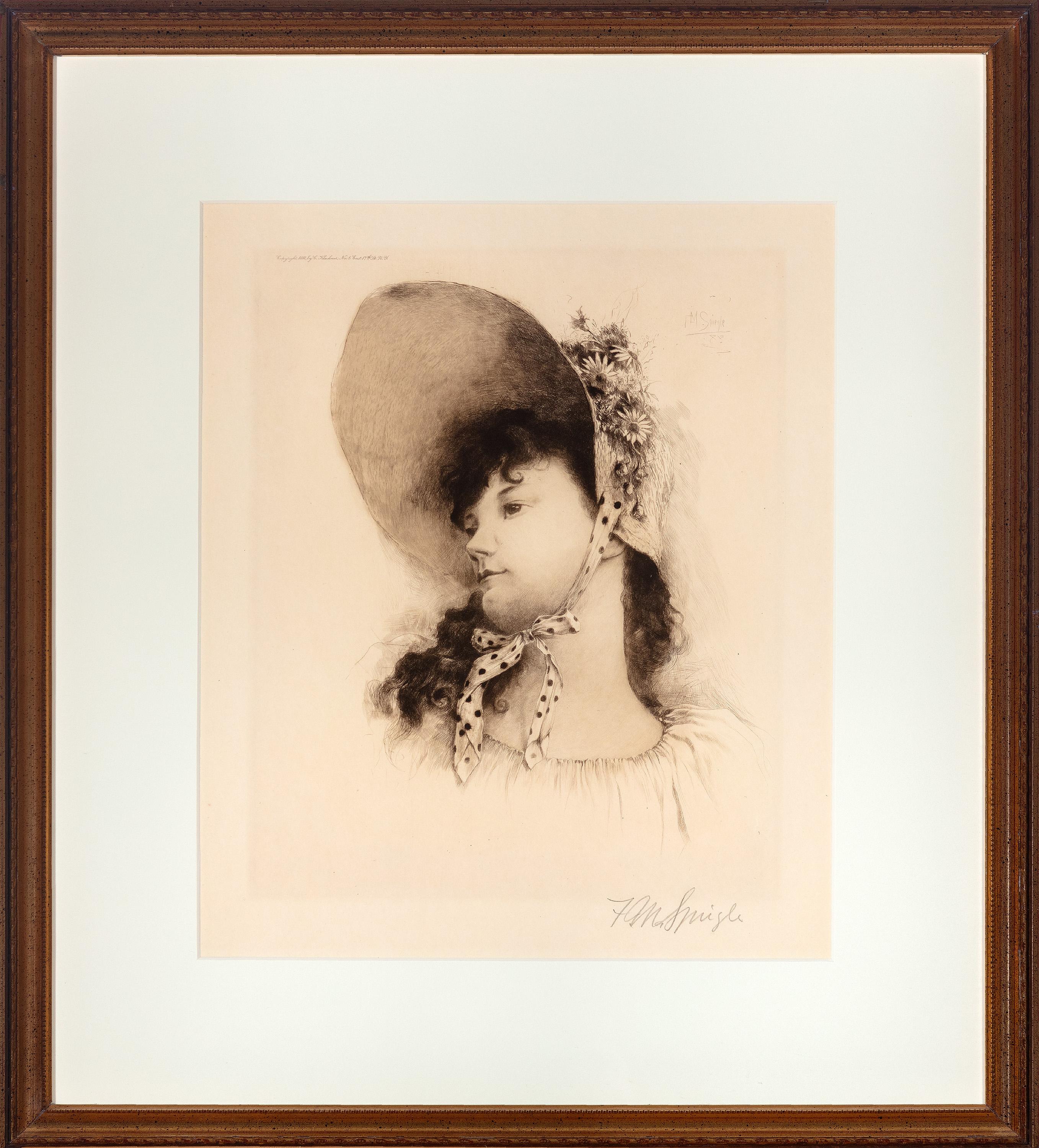 "Young Girl With Hat, " Victorian Portrait Etching signed Frederick M. Spiegle 