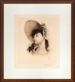 Antique "Young Girl With Hat, " Victorian Portrait Etching signed Frederick M. Spiegle 