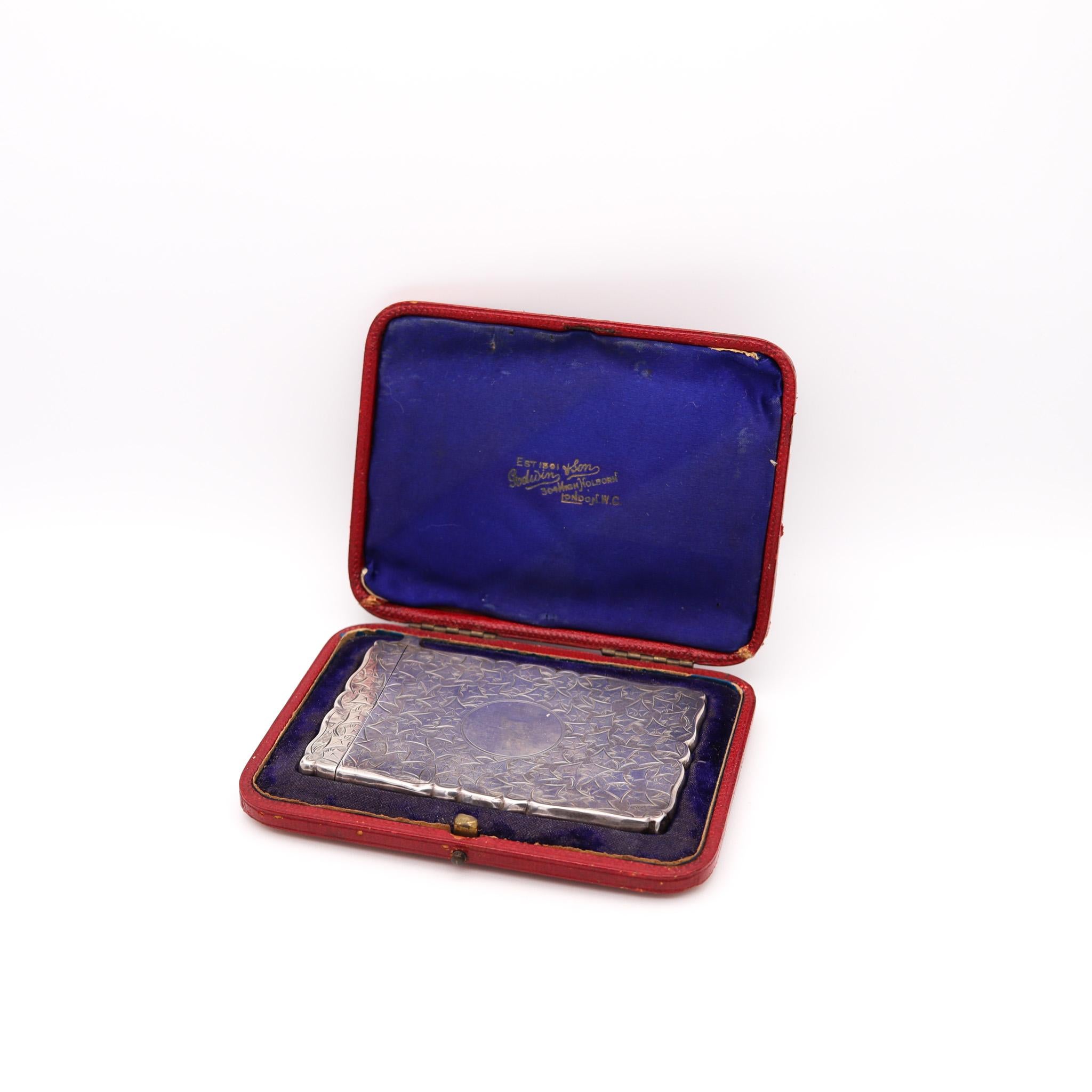 Visiting card case box in sterling silver designed by Frederick Manson.

Beautiful antique presentation visiting card holder, created in the city of Birmingham England at the atelier of the silversmith Frederick Manson, back in the 1894. Crafted