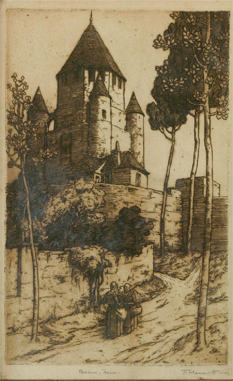 A rustic and striking early 20th Century etching of a commune in Provence, France. Two women chat on the path outside, while holding baskets as tall trees tower over them. The artist has signed, dated and inscribed to the lower edge and the etching
