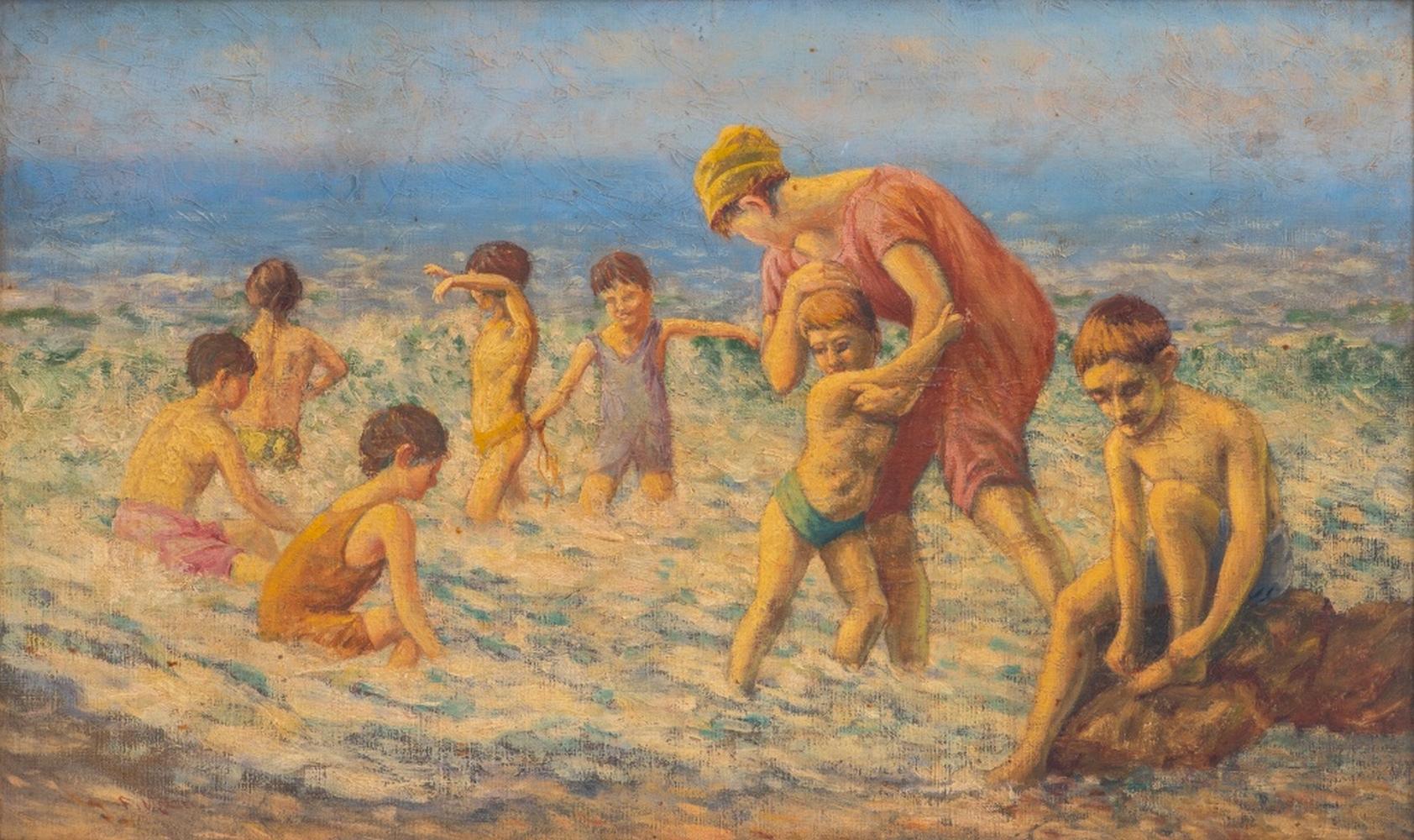 Frederick Massey, Scena di spiaggia, Olio su tela In condizioni buone in vendita a Astoria, NY