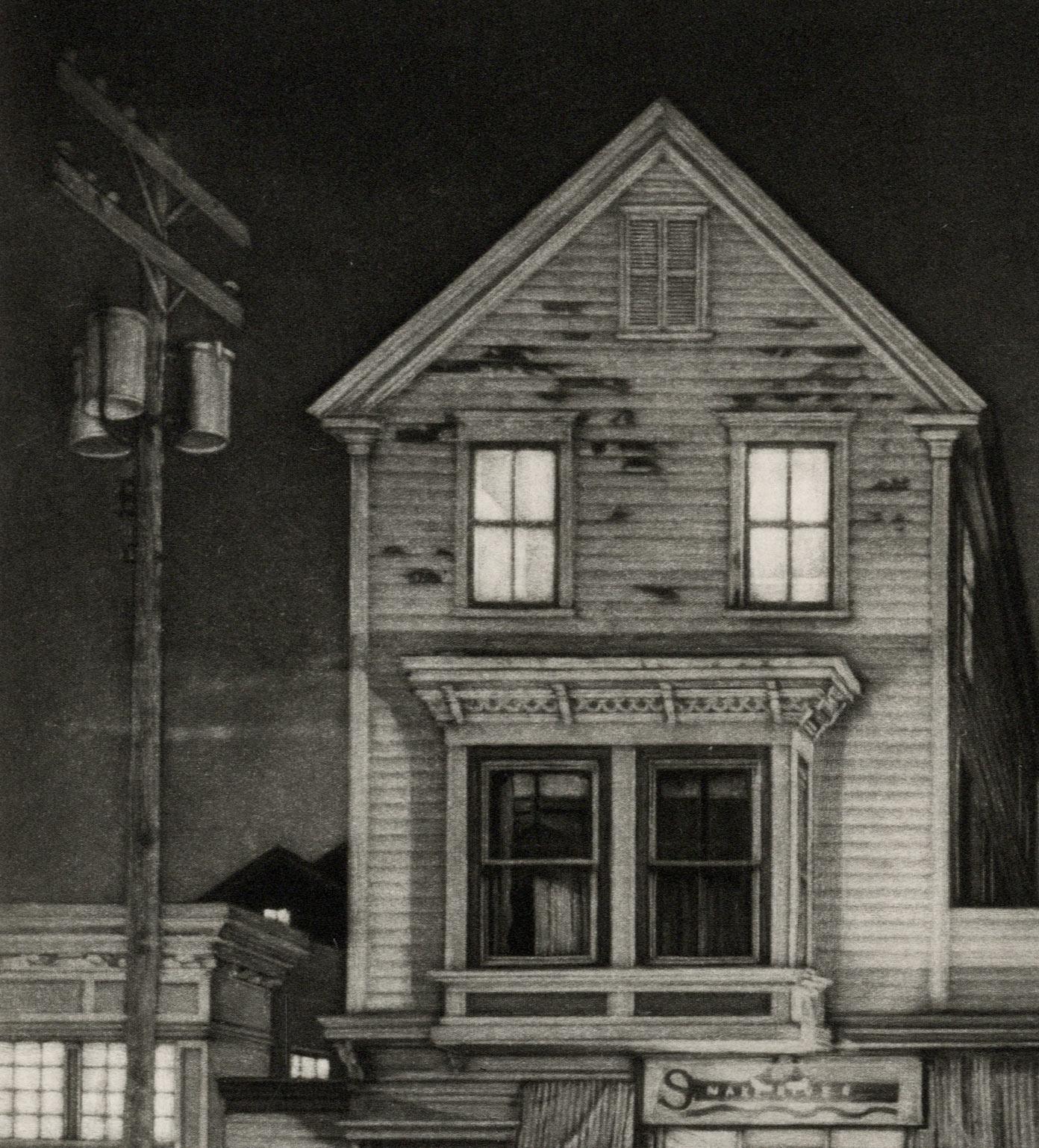 Cape Moon (Moon shines on Commercial St. in Provincetown, Massachusetts) - Print by Frederick Mershimer