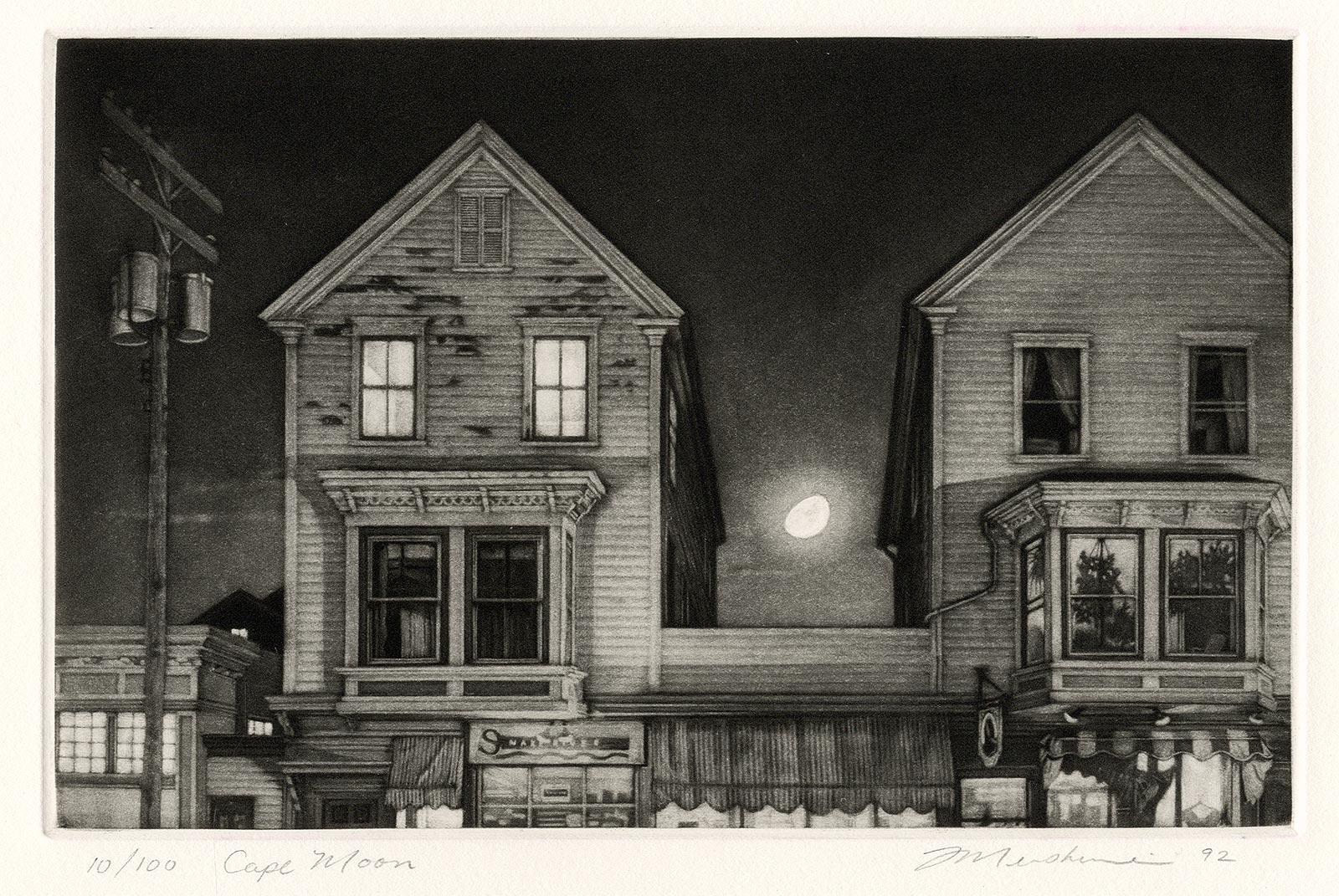 Cape Moon (Moon shines on Commercial St. in Provincetown, Massachusetts) - American Modern Print by Frederick Mershimer