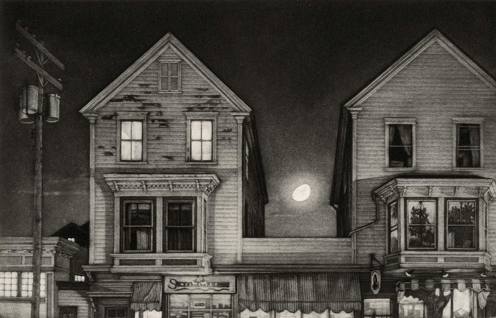 Frederick Mershimer Landscape Print - Cape Moon (Moon shines on Commercial St. in Provincetown, Massachusetts)