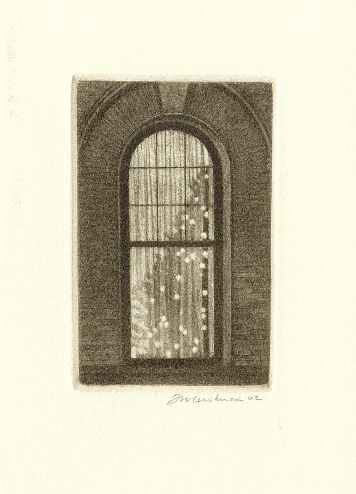 Peeking into the interior of a Brooklyn Brownstone at a festive tree

Frederick Mershimer (American, b. 1958)
Moody, mysterious, majestic – these are some of the ways to describe the mezzotints of Frederick Mershimer. His images travel through the