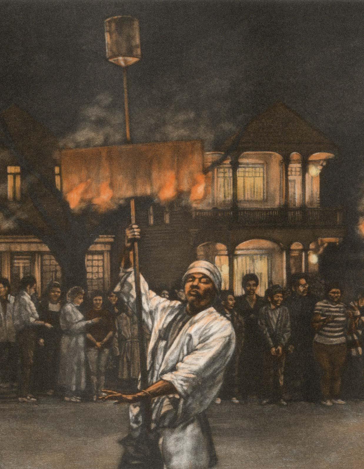 Danse du feu (Flambeaux chevauchants éclairent le chemin de la parade d'Edenymion à la Nouvelle-Orléans) - Modernisme américain Print par Frederick Mershimer