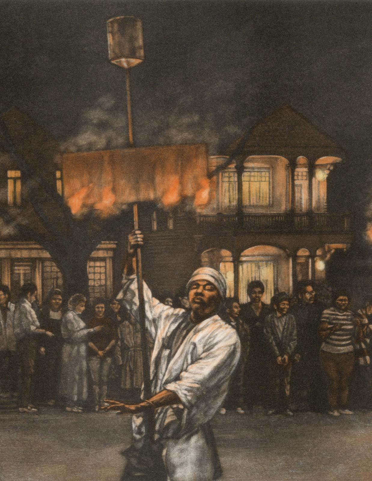 Fire Dance (Flambeaux carriers light the path of Endymion parade in New Orleans) - American Modern Print by Frederick Mershimer