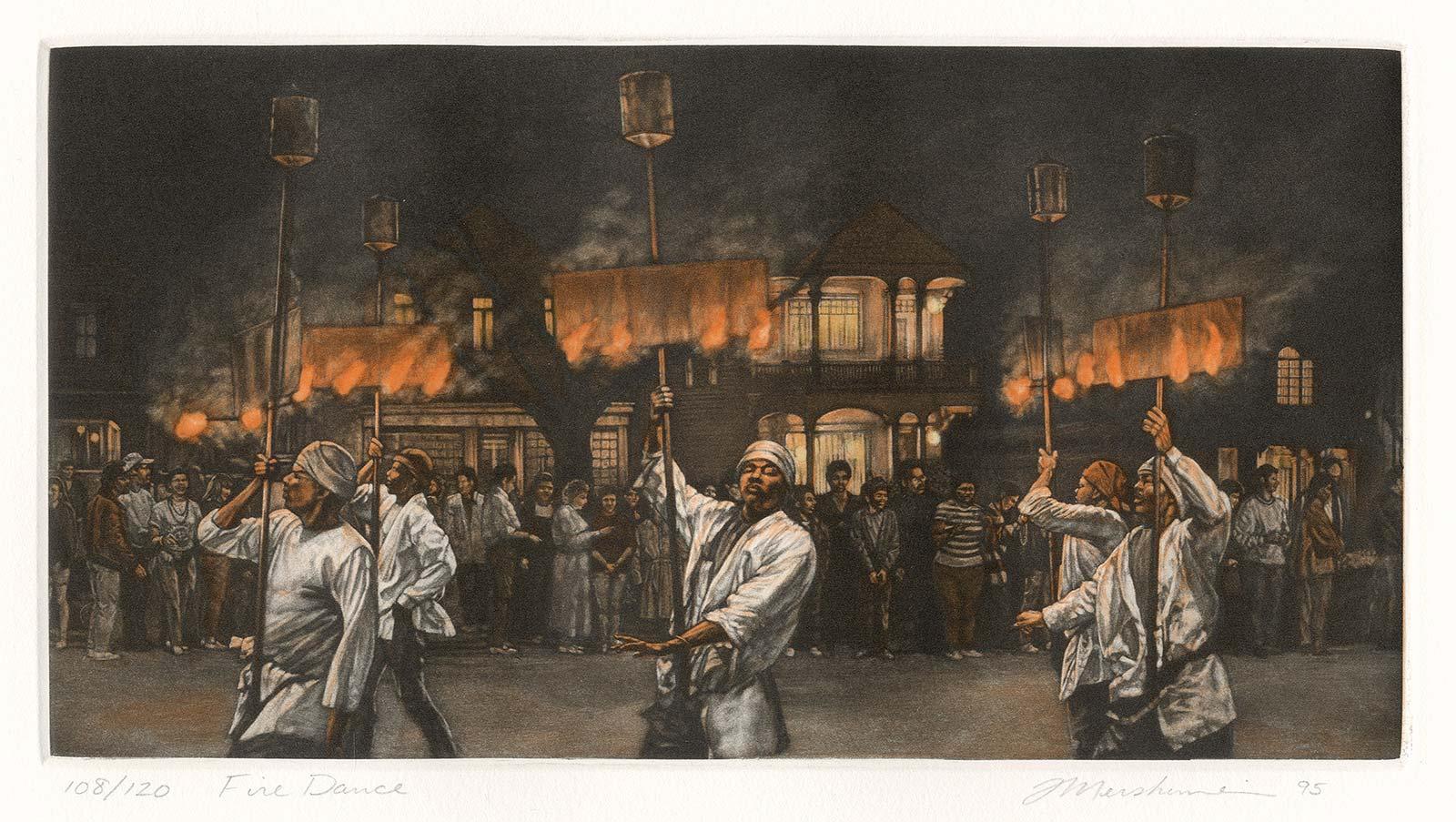 Danse du feu (Flambeaux chevauchants éclairent le chemin de la parade d'Edenymion à la Nouvelle-Orléans) - Print de Frederick Mershimer