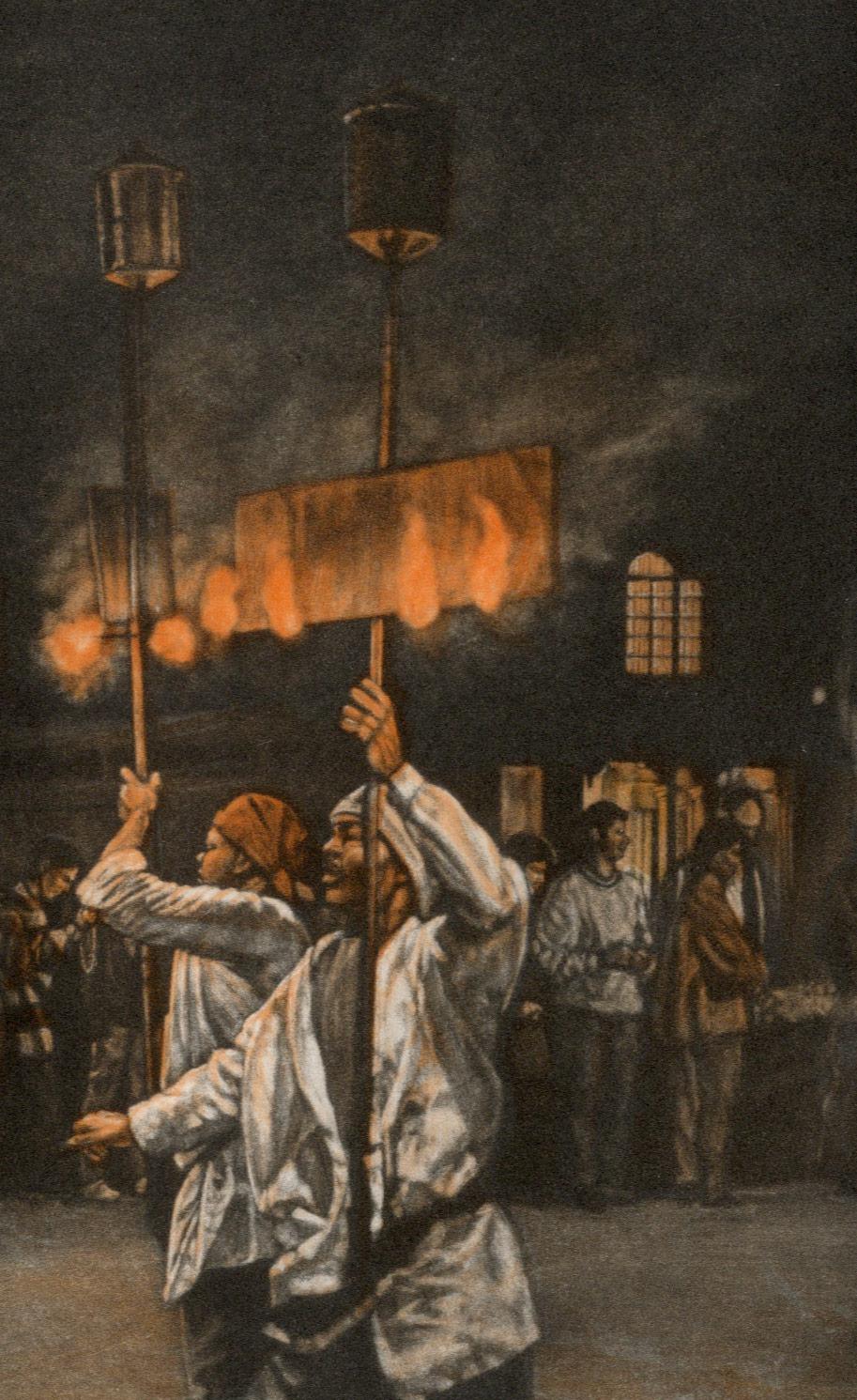 Danse du feu (Flambeaux chevauchants éclairent le chemin de la parade d'Edenymion à la Nouvelle-Orléans) - Noir Figurative Print par Frederick Mershimer