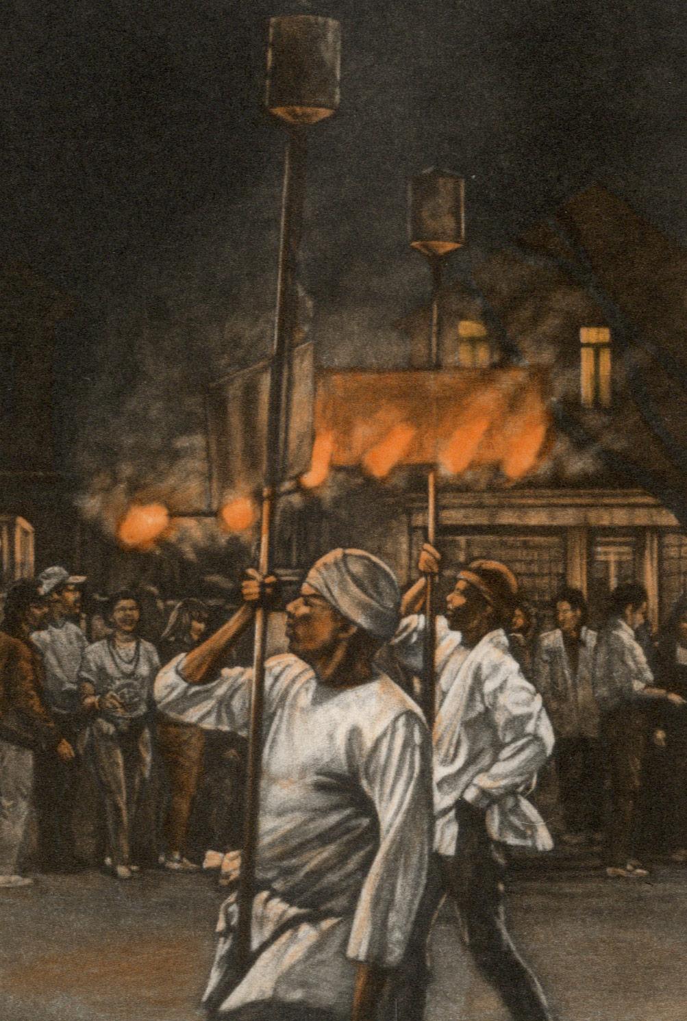 This impression is #108.
Mershimer created a color mezzotint of the Mardi Gras scene in mid-city New Orleans. The parade was the Endymion crew marching on Canal Street near Jefferson Davis Parkway.  In mythology Endymion was the most handsome of