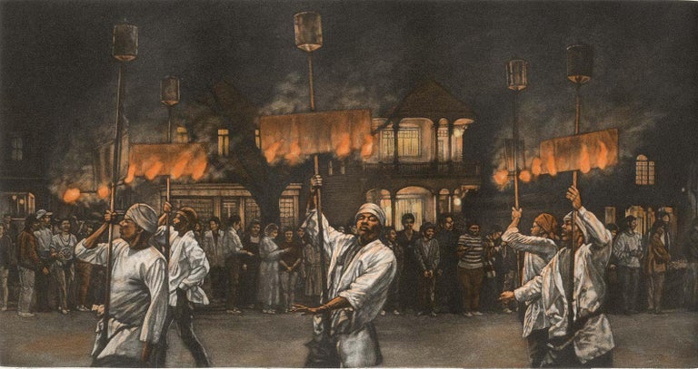Frederick Mershimer Figurative Print - Fire Dance (Flambeaux carriers light the path of Endymion parade in New Orleans)