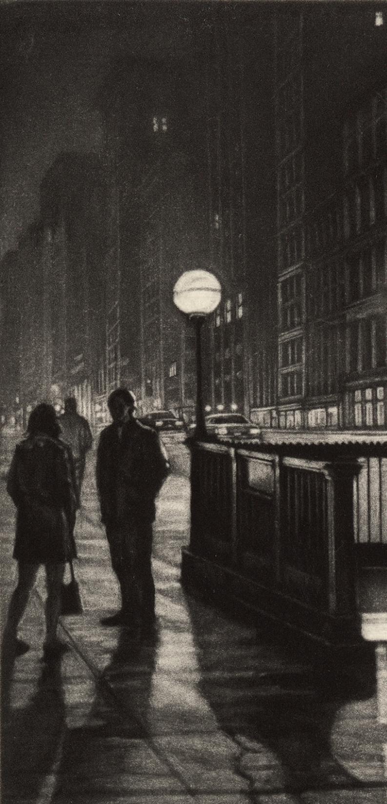 Into the Night (un homme solitaire émerge d'une arrêt de métro près du Flatiron Building) - Print de Frederick Mershimer