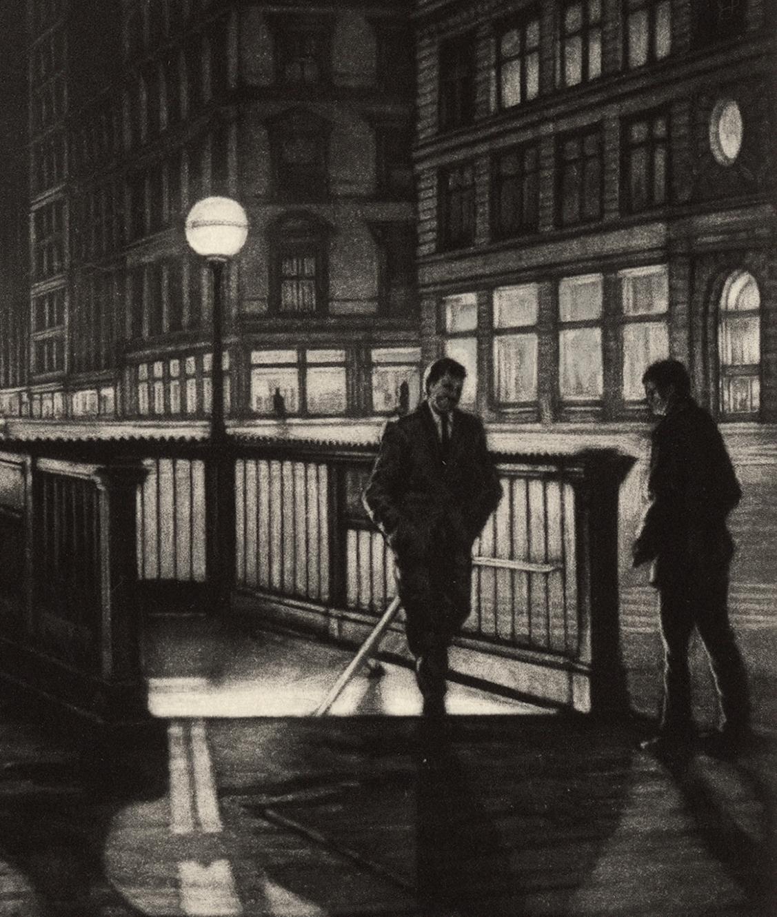 Into the Night (un homme solitaire émerge d'une arrêt de métro près du Flatiron Building) - Modernisme américain Print par Frederick Mershimer