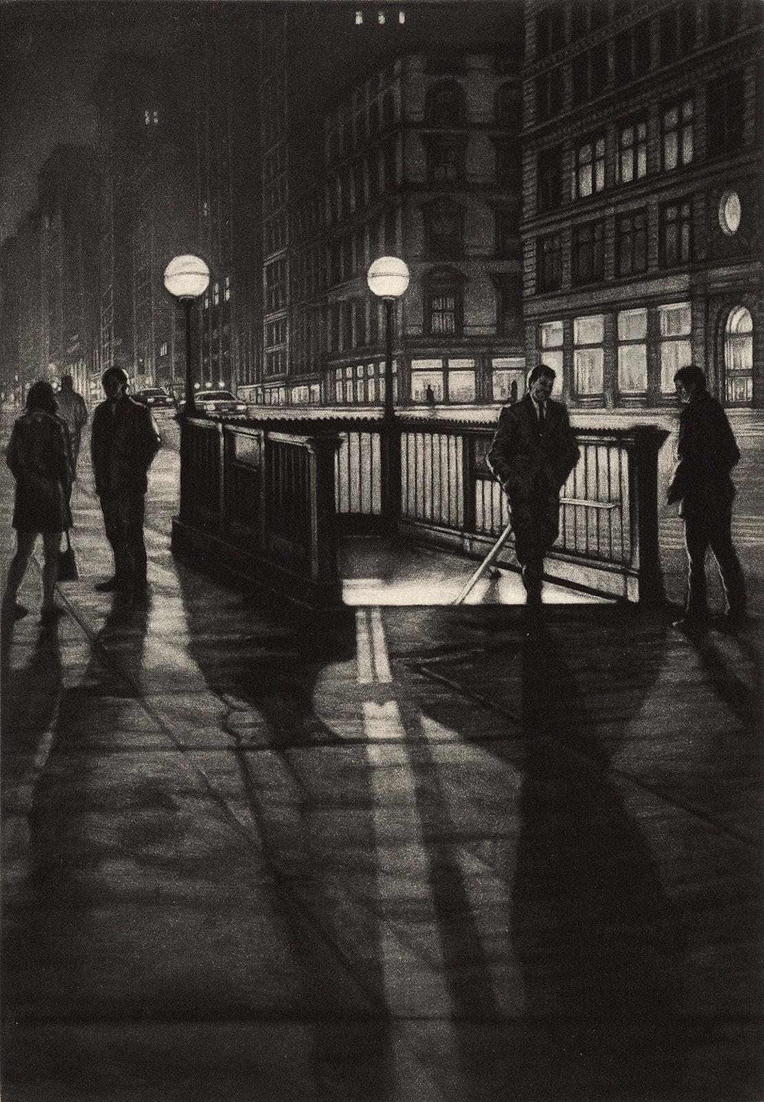 Into the Night (un homme solitaire émerge d'une arrêt de métro près du Flatiron Building) - Noir Figurative Print par Frederick Mershimer