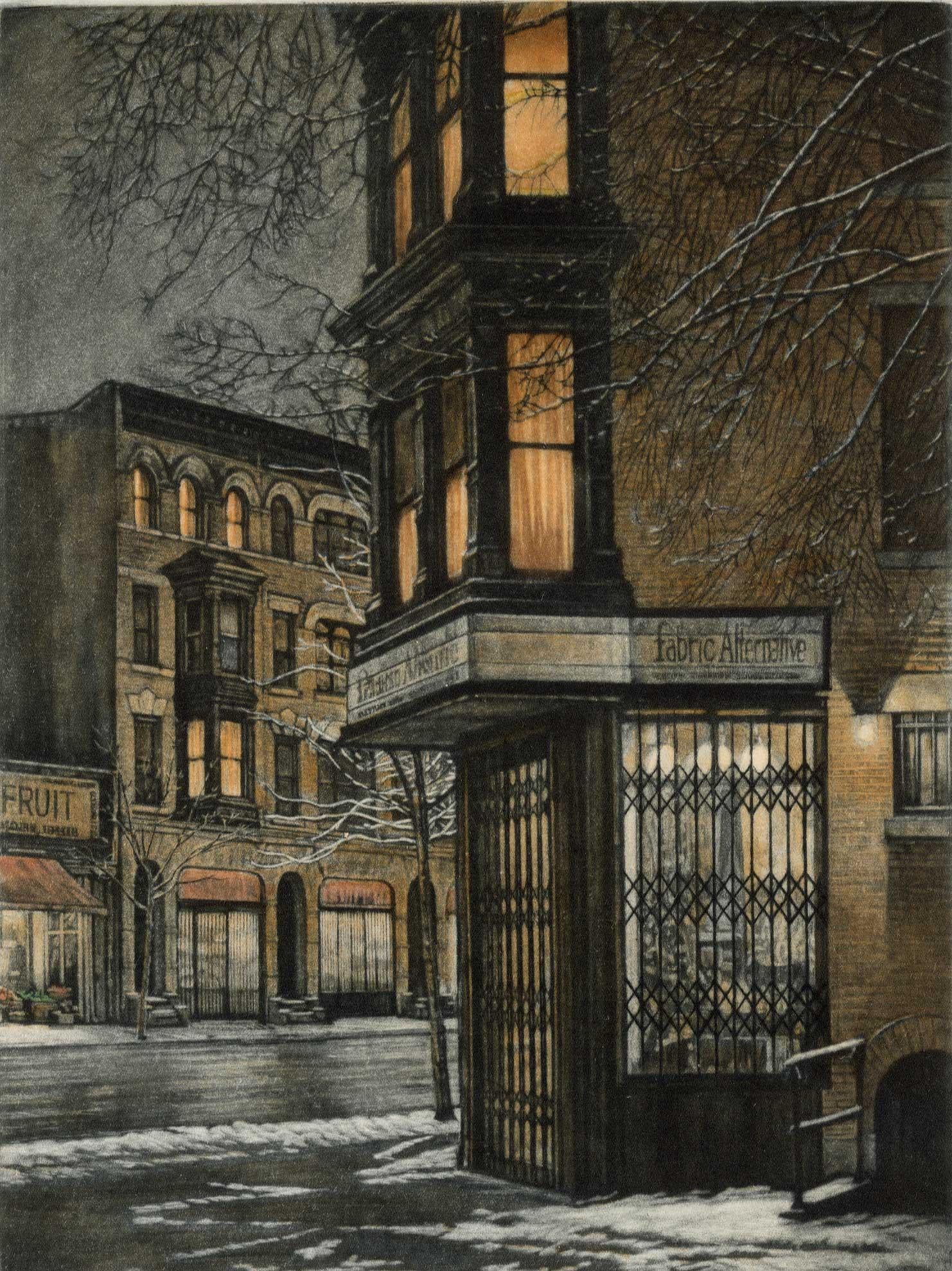 Frederick Mershimer Landscape Print – Späte Nacht (Where der Berkeley Place auf die Seventh Avenue in der Brooklyner Park Slope trifft)