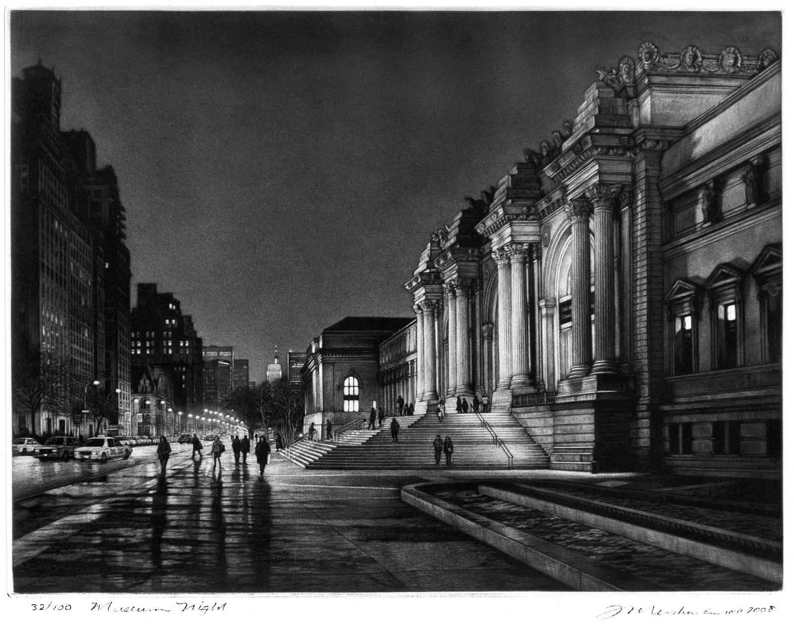Museum Night (a night view of life on Fifth Ave by NYC's Metropolitan Museum) - Contemporary Print by Frederick Mershimer