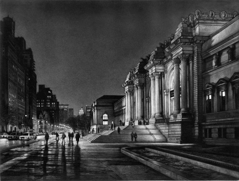 Frederick Mershimer Figurative Print - Museum Night (a night view of life on Fifth Ave by NYC's Metropolitan Museum)