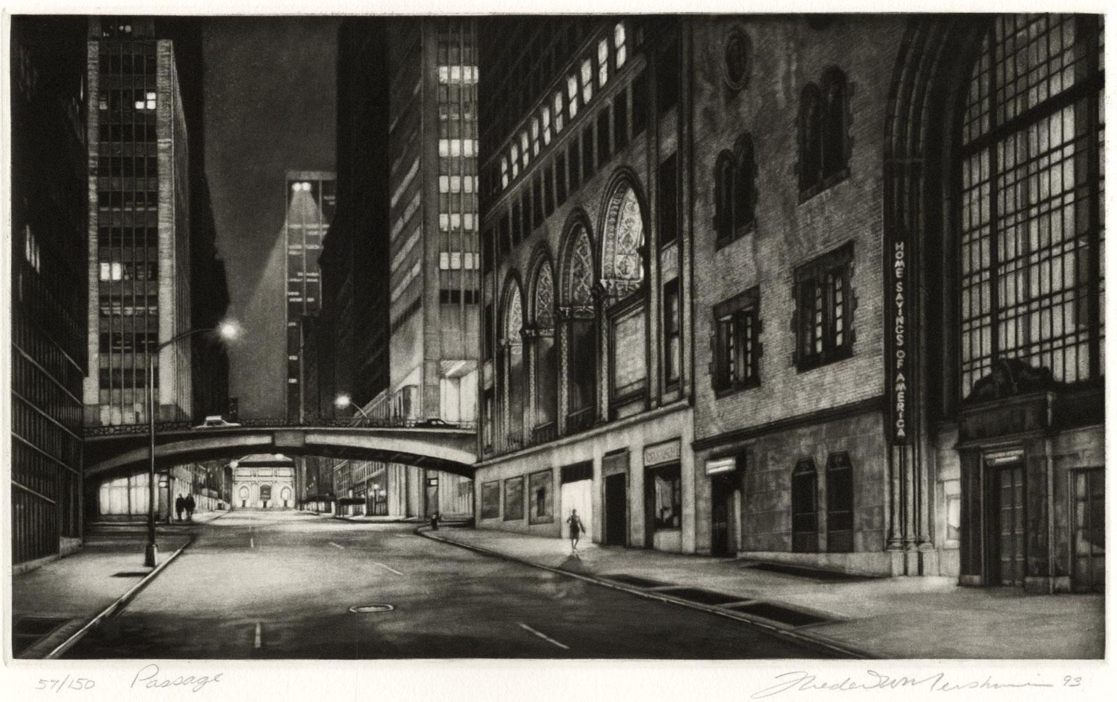 Passage (Inaugural Selection of Print Club of New York / E41st bet Lex and Park) - Black Figurative Print by Frederick Mershimer