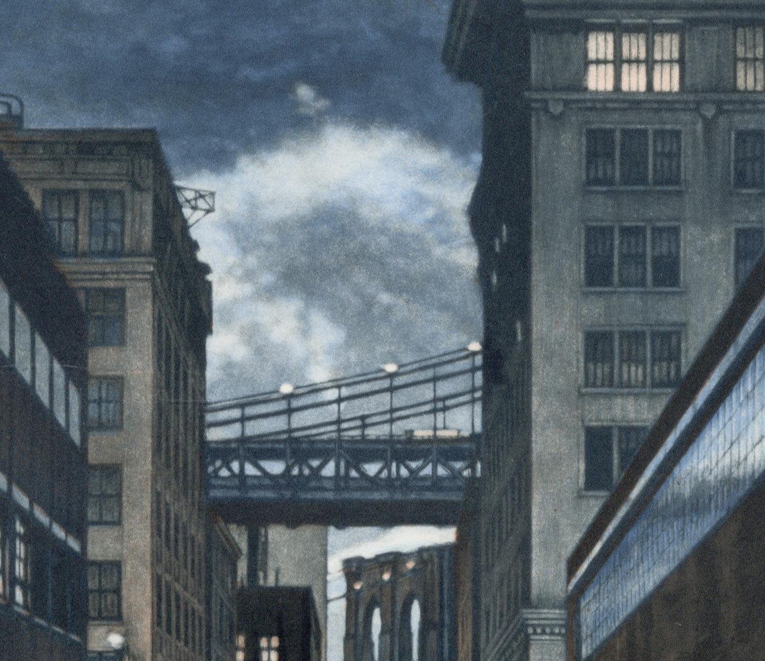 Plymouth Street ( una escena crepuscular se desarrolla en la sección de Brooklyn de DUMBO) - Landscape Print Negro de Frederick Mershimer