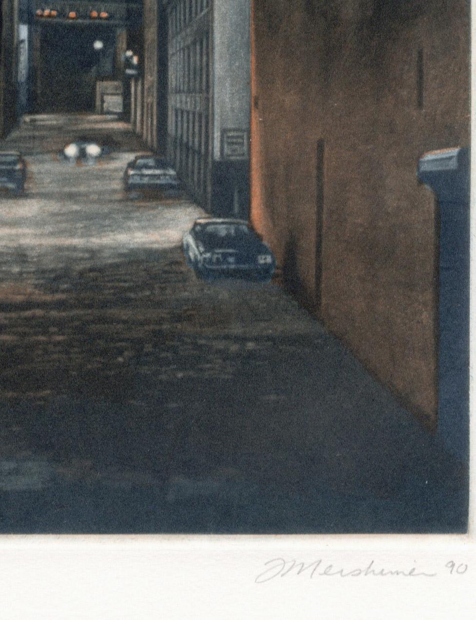 Plymouth Street ( a twilight scene is set in the Brooklyn section of DUMBO) - Contemporary Print by Frederick Mershimer