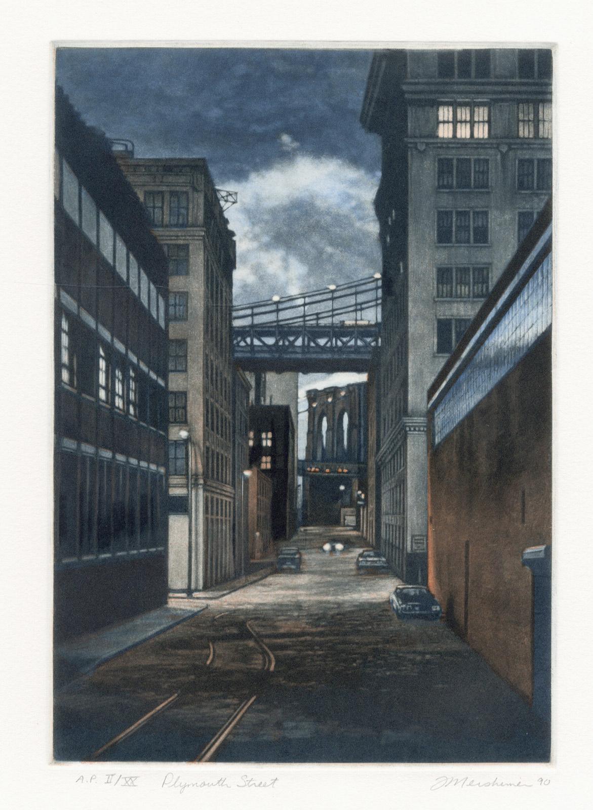 Plymouth Street ( a twilight scene is set in the Brooklyn section of DUMBO) - Print by Frederick Mershimer