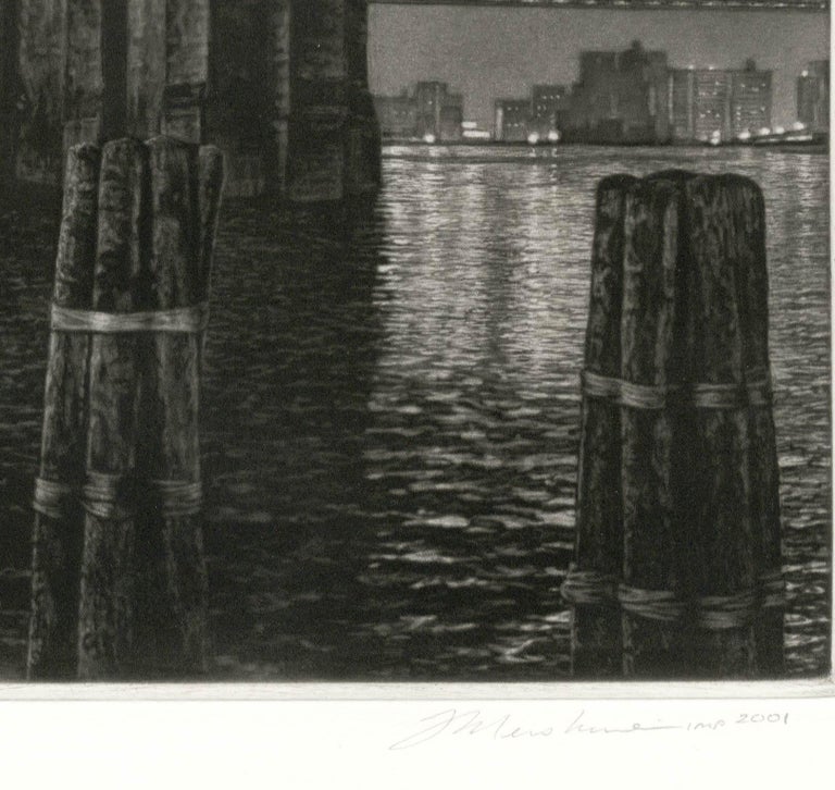 Pylon (Brooklyn Bridge from Manhattan side of East River near South St. Seaport) - Black Landscape Print by Frederick Mershimer