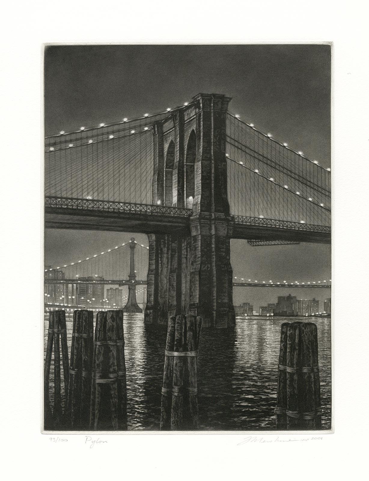 Pylon (Brooklyn Bridge from Manhattan side of East River near South St. Seaport) - Print by Frederick Mershimer