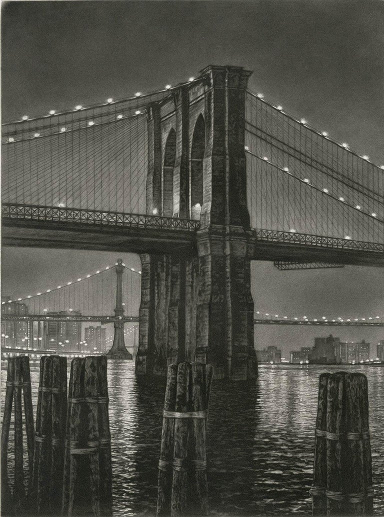 Frederick Mershimer Landscape Print - Pylon (Brooklyn Bridge from Manhattan side of East River near South St. Seaport)