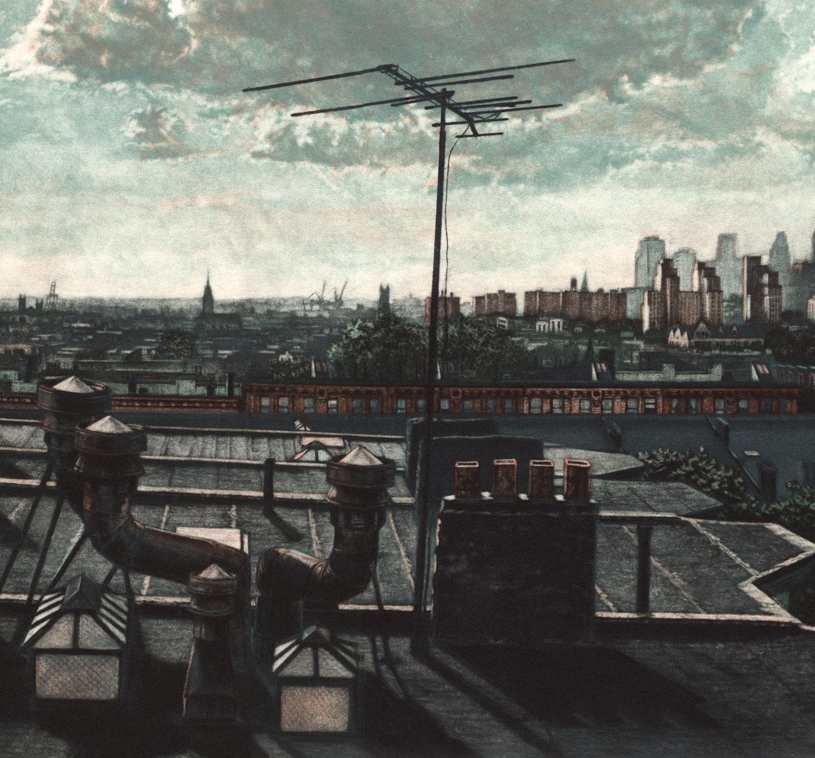 Rooftops (the harbor and skyline of NYC from Brooklyn rooftop) - American Modern Print by Frederick Mershimer