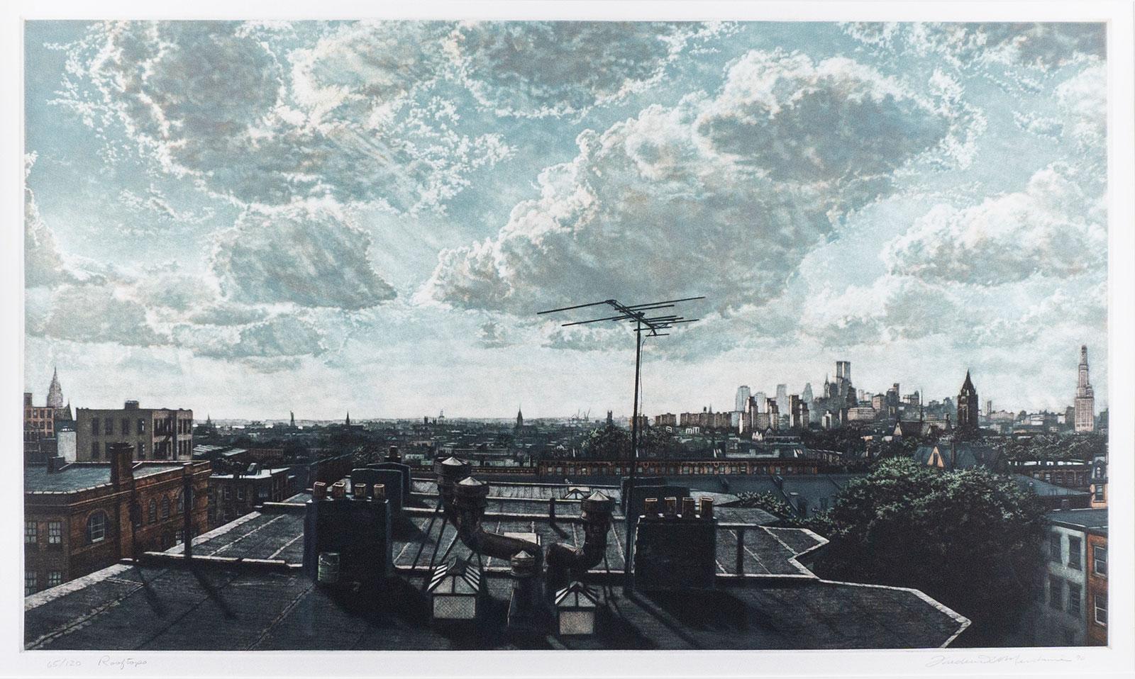 Frederick Mershimer Landscape Print - Rooftops (the harbor and skyline of NYC from Brooklyn rooftop)