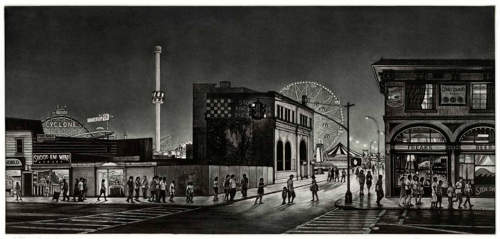 Frederick Mershimer Landscape Print - Surf Avenue (a nostalgic look at summer fun on Surf Avenue, Coney Island NY)