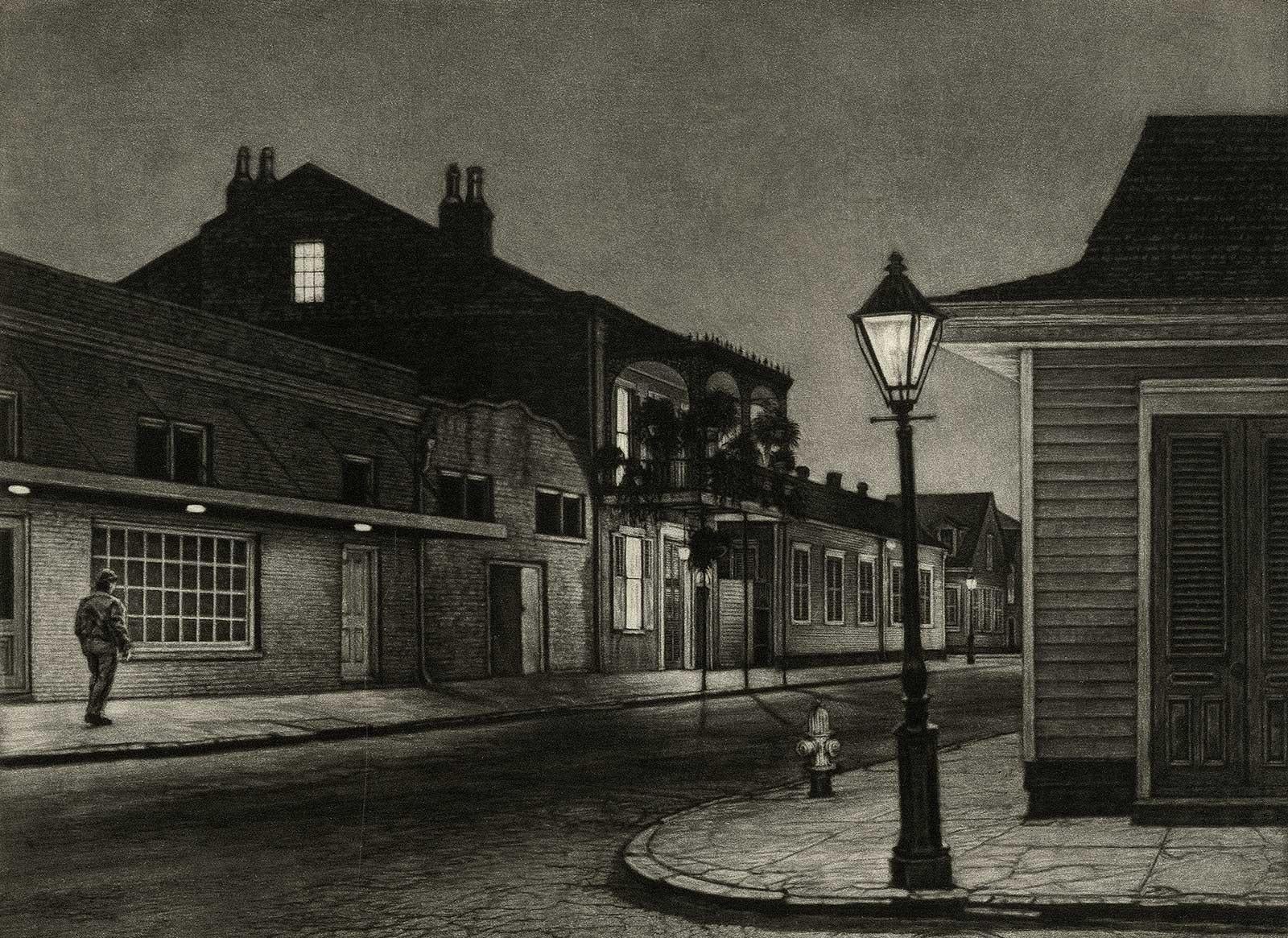 Frederick Mershimer Landscape Print - The Rising Sun (Lone man by 700 Burgundy in New Orleans at gay bar, Rawhide)