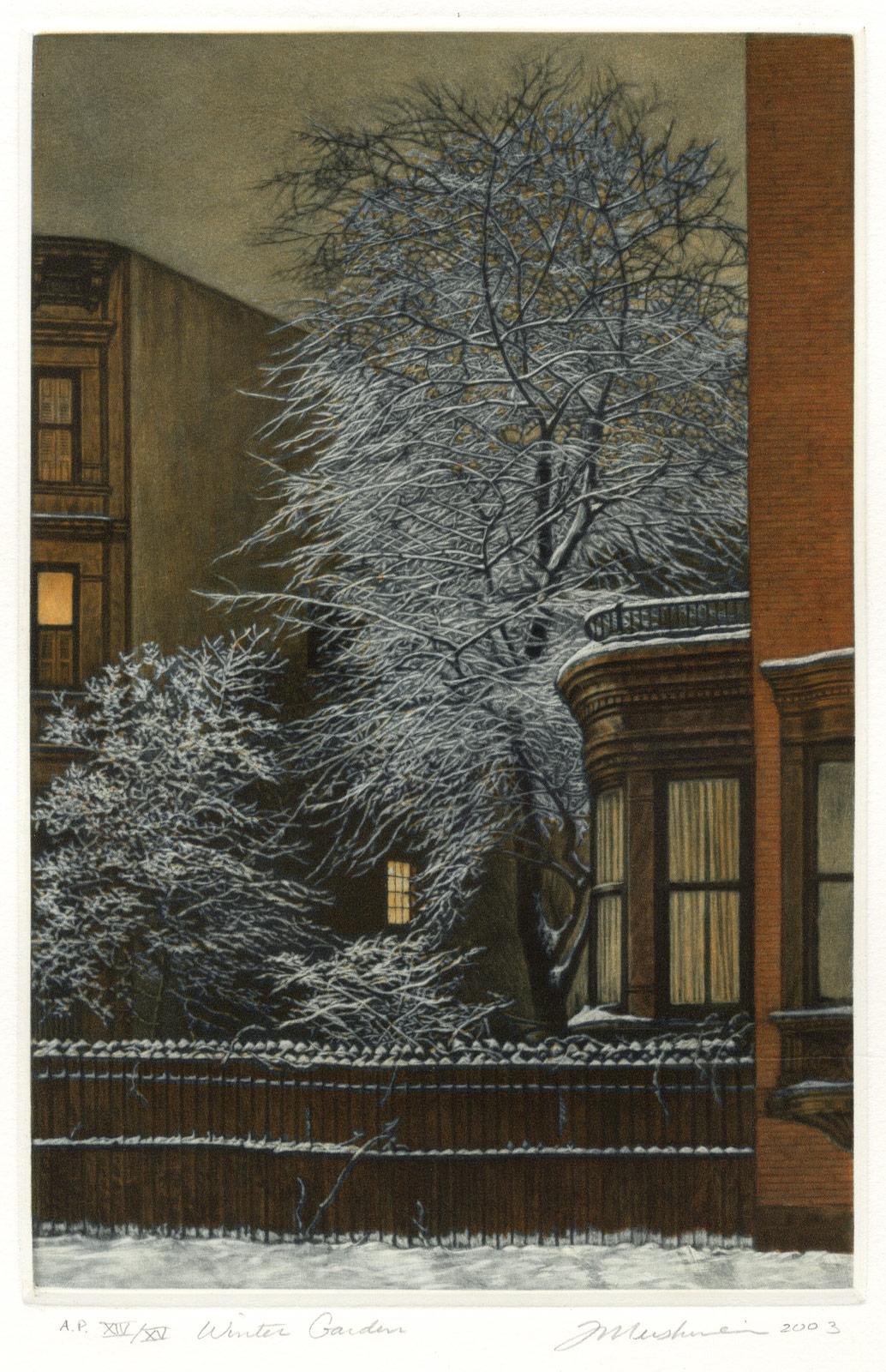 Winter Garden (Snow covered trees contrast with warm light inside brownstones) - Print by Frederick Mershimer
