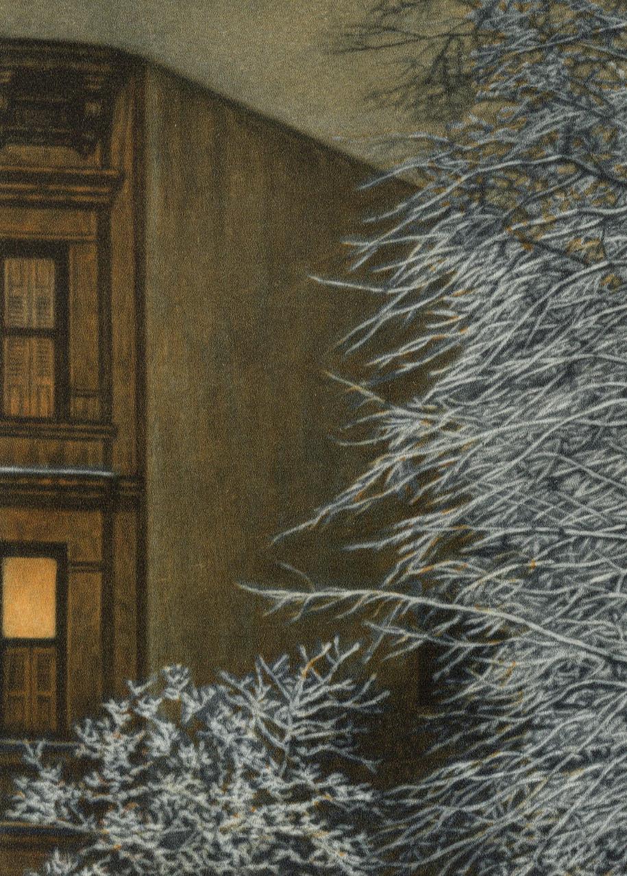 Winter Garden (Snow covered trees contrast with warm light inside brownstones) - Black Print by Frederick Mershimer