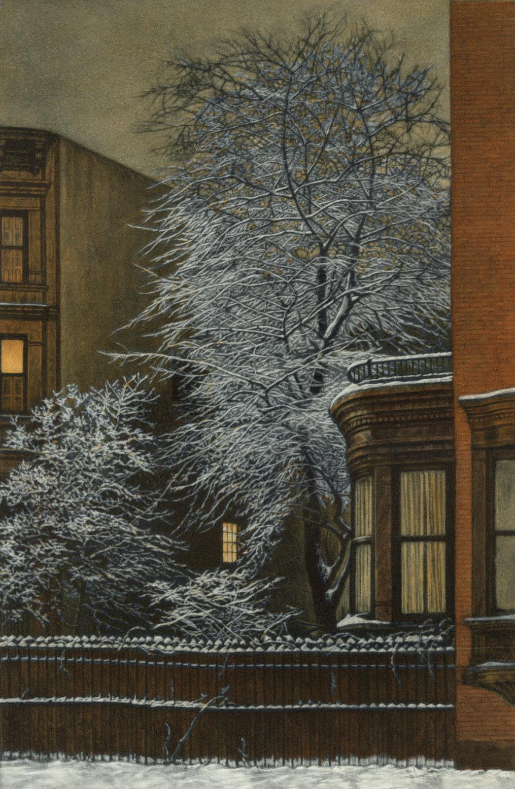 Frederick Mershimer Print - Winter Garden (Snow covered trees contrast with warm light inside brownstones)