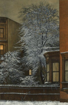 Winter Garden (Snow covered trees contrast with warm light inside brownstones)