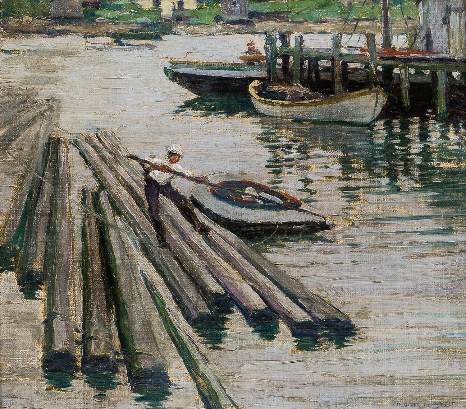 Frederick Milton Grant Landscape Painting - "Low Tide, " Frederic Grant, Boats at the Dock, Chicago Artist