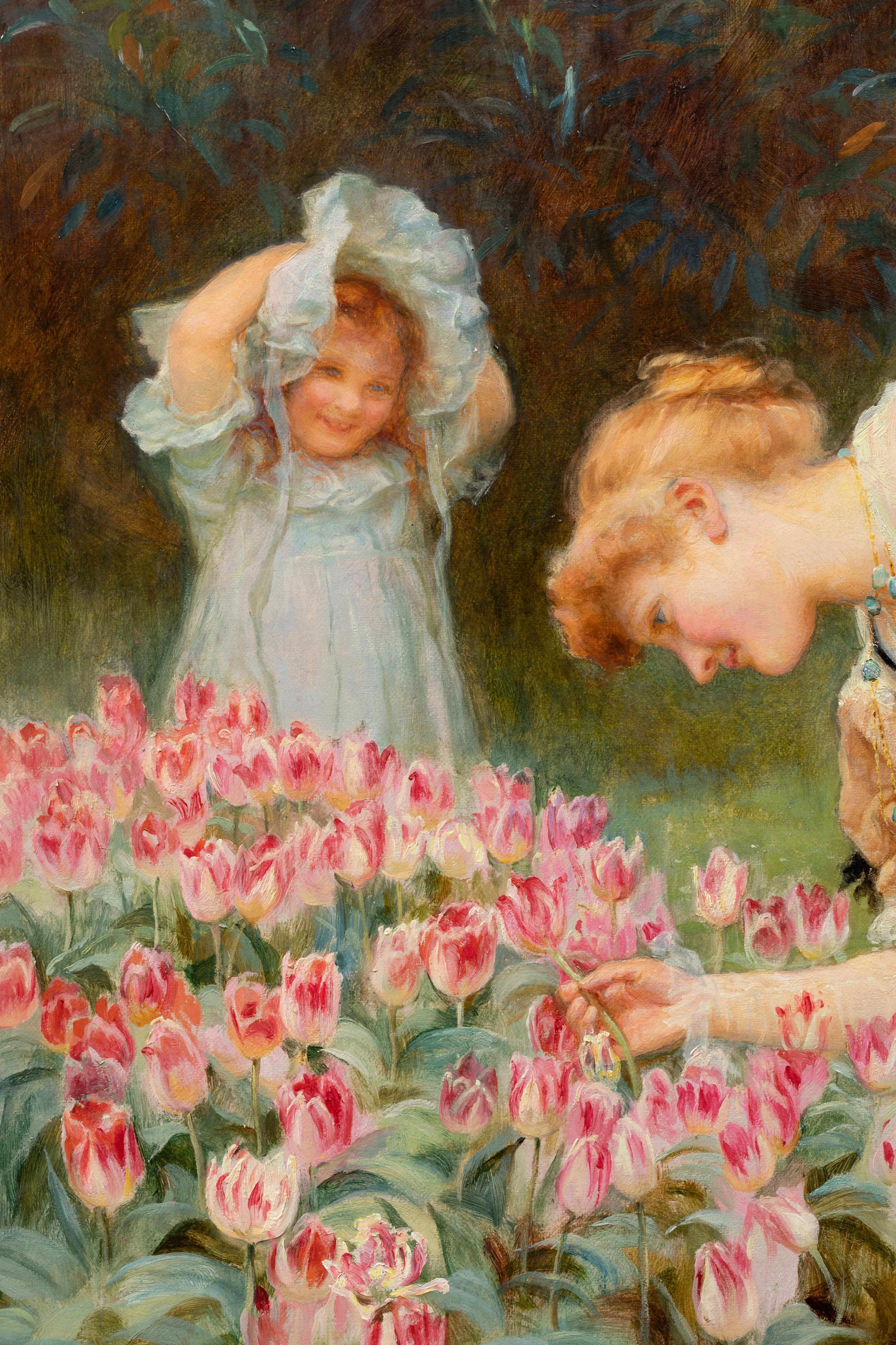 Belle Époque Frederick Morgan Picking Tulips, 19th Century Painting For Sale