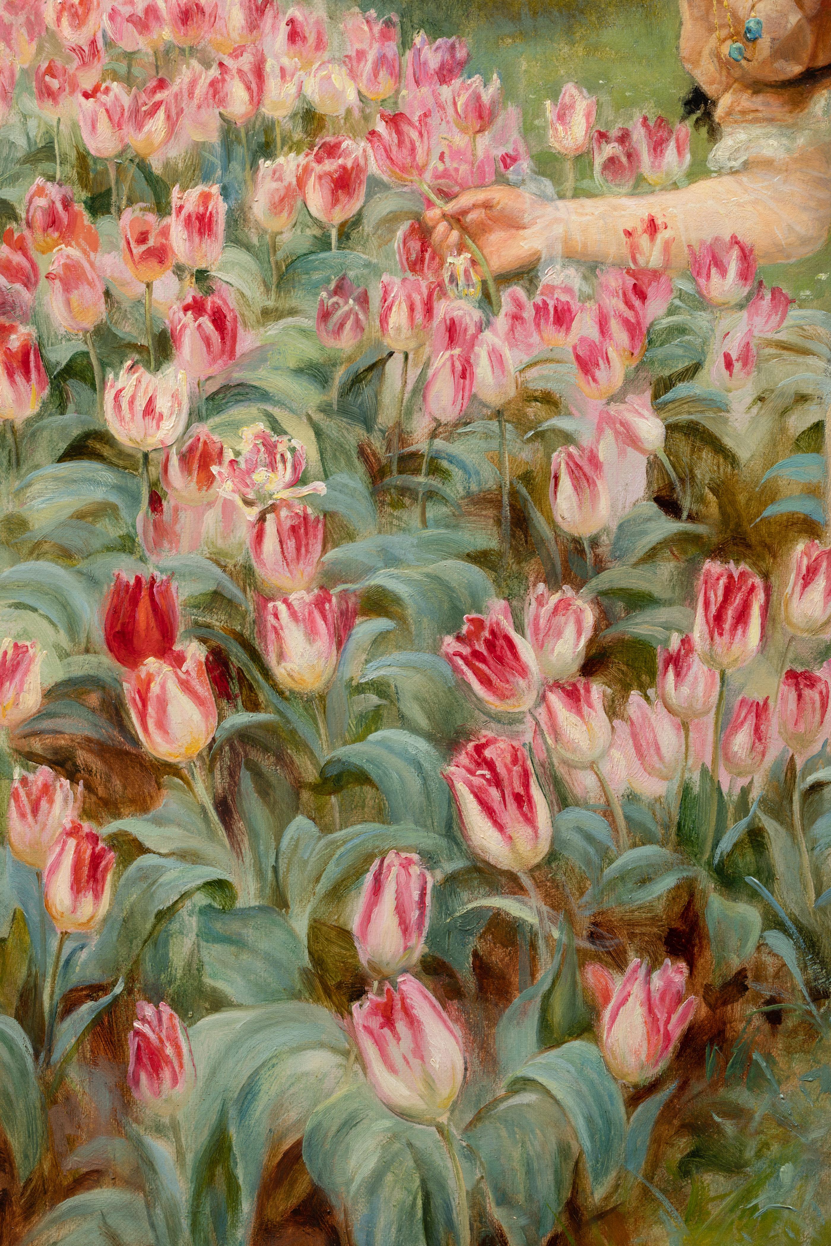 English Frederick Morgan Picking Tulips, 19th Century Painting For Sale