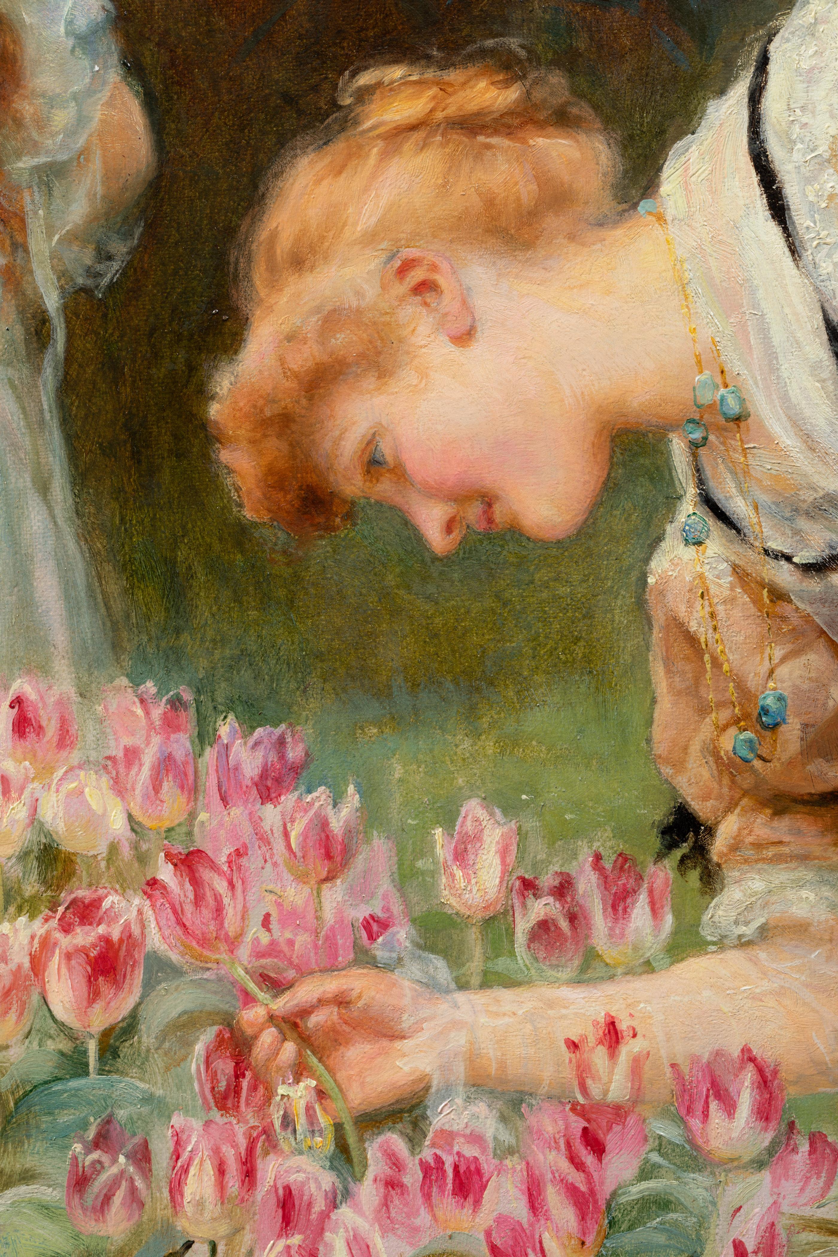 Oiled Frederick Morgan Picking Tulips, 19th Century Painting For Sale