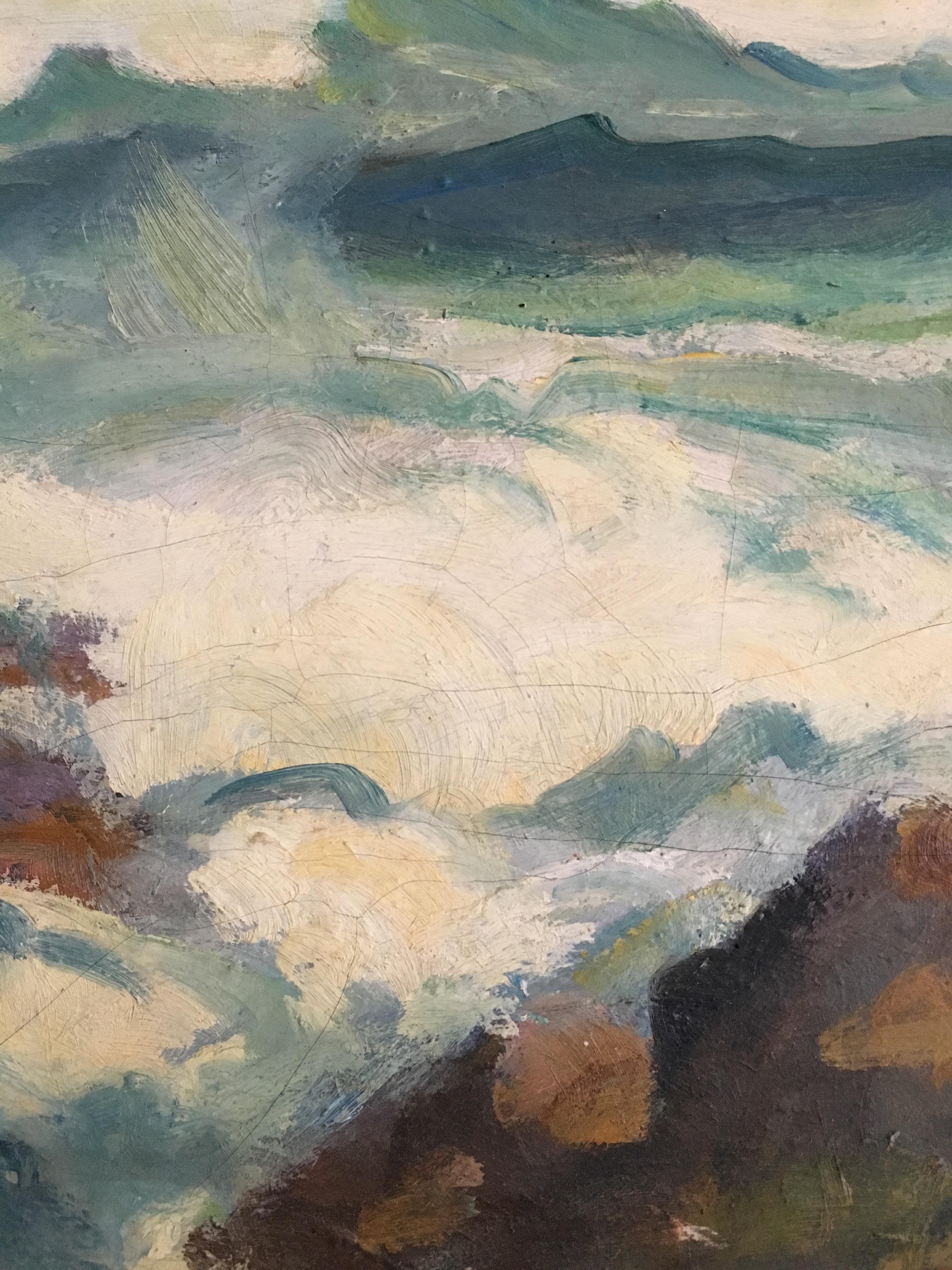 Frederick Pawla (American, 1876 - 1964)
Crashing Waves
Oil on canvas board
Signed 'Frederick A. Pawla' lower right
20in H x 24in L
In gold gilt frame 27inH x 31in L x 1.5in D

Pawla is well known for his public murals in California, including a 1929
