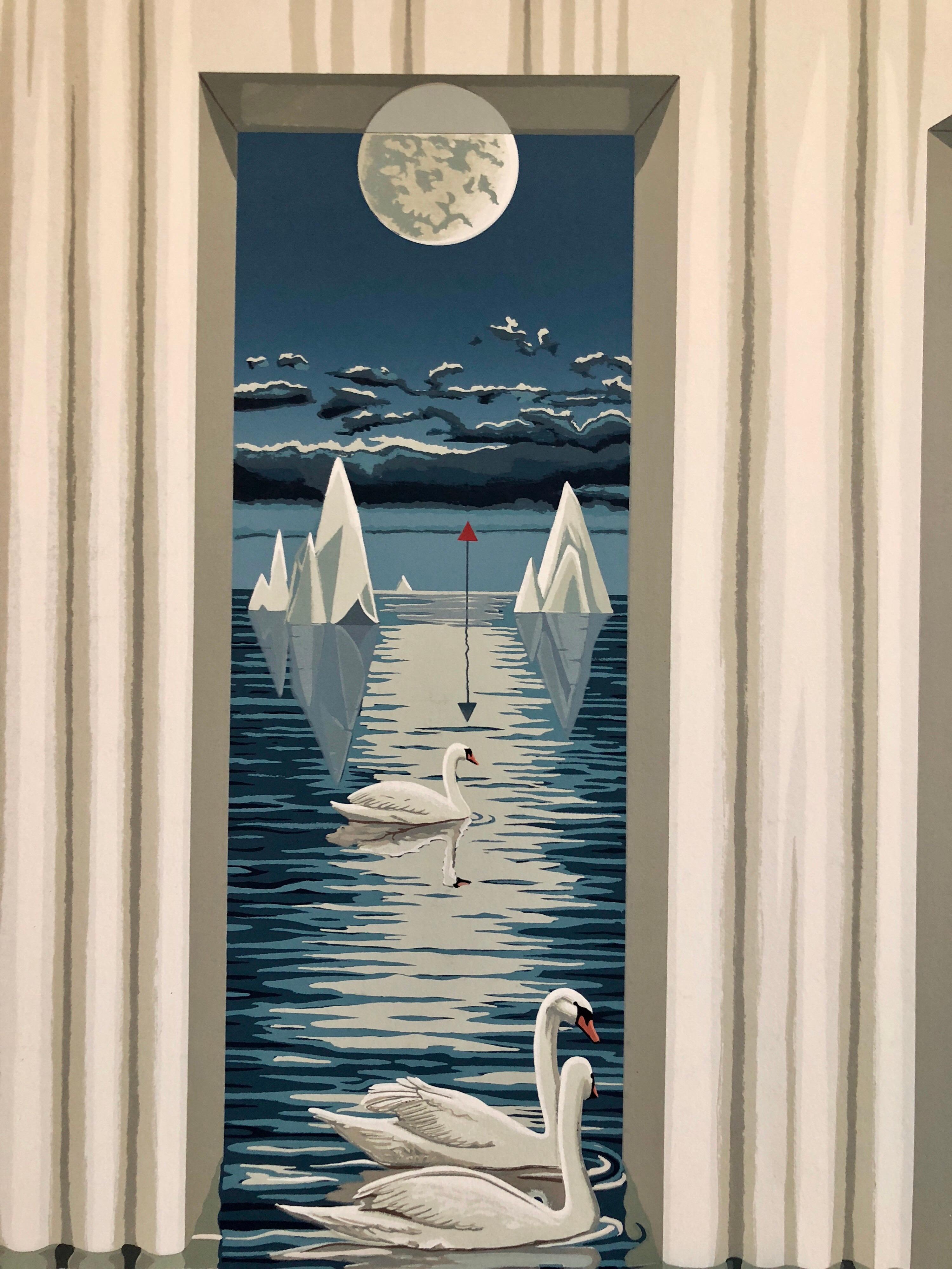 Large Surrealist Photo Realist Silkscreen Lithograph Print Swan Dreams - Gray Landscape Print by  Frederick Phillips